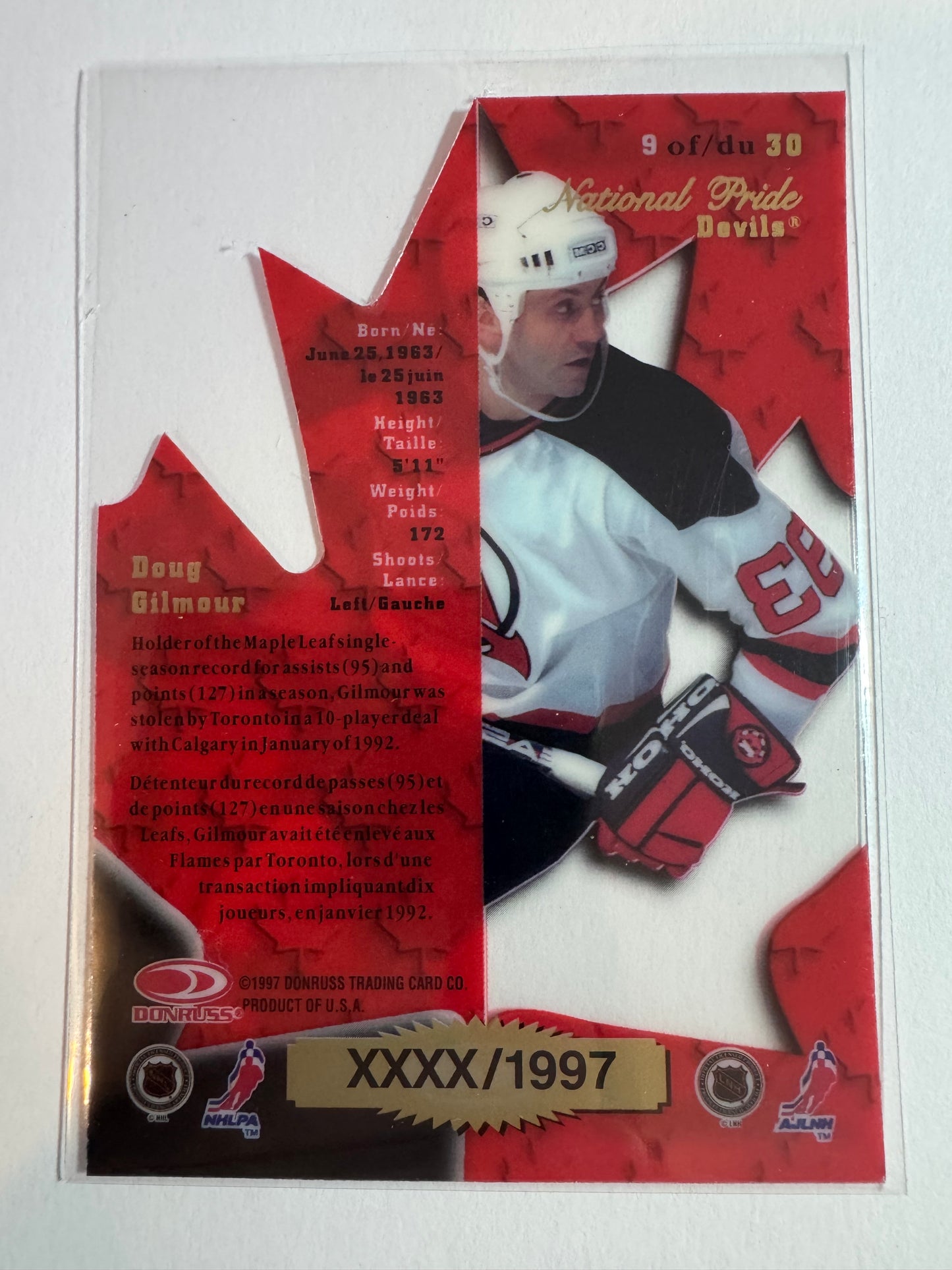 DOUG GILMOUR - 1997 Donruss Canadian Ice National Pride Clear Cut Die Cut #9, xxxx/1997