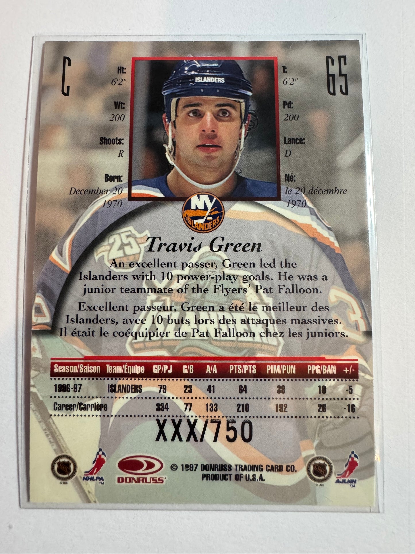 TRAVIS GREEN - 1997 Donruss Canadian Ice Provincial Series #65, xxx/750