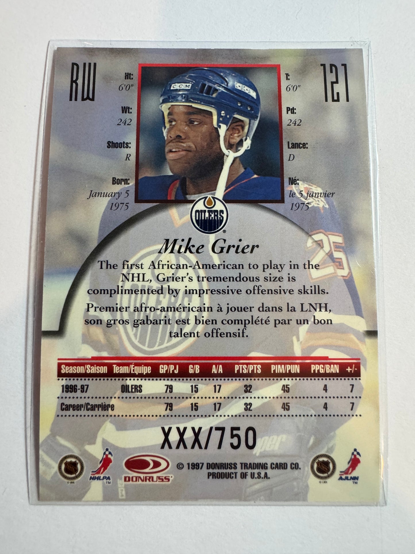 MIKE GRIER - 1997 Donruss Canadian Ice Provincial Series #121, xxx/750