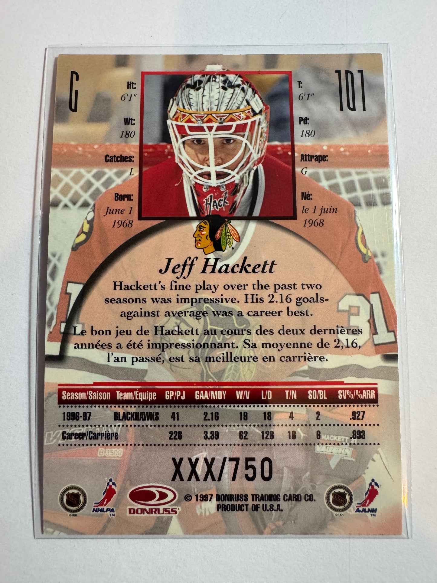 JEFF HACKETT - 1997 Donruss Canadian Ice Provincial Series #101, xxx/750