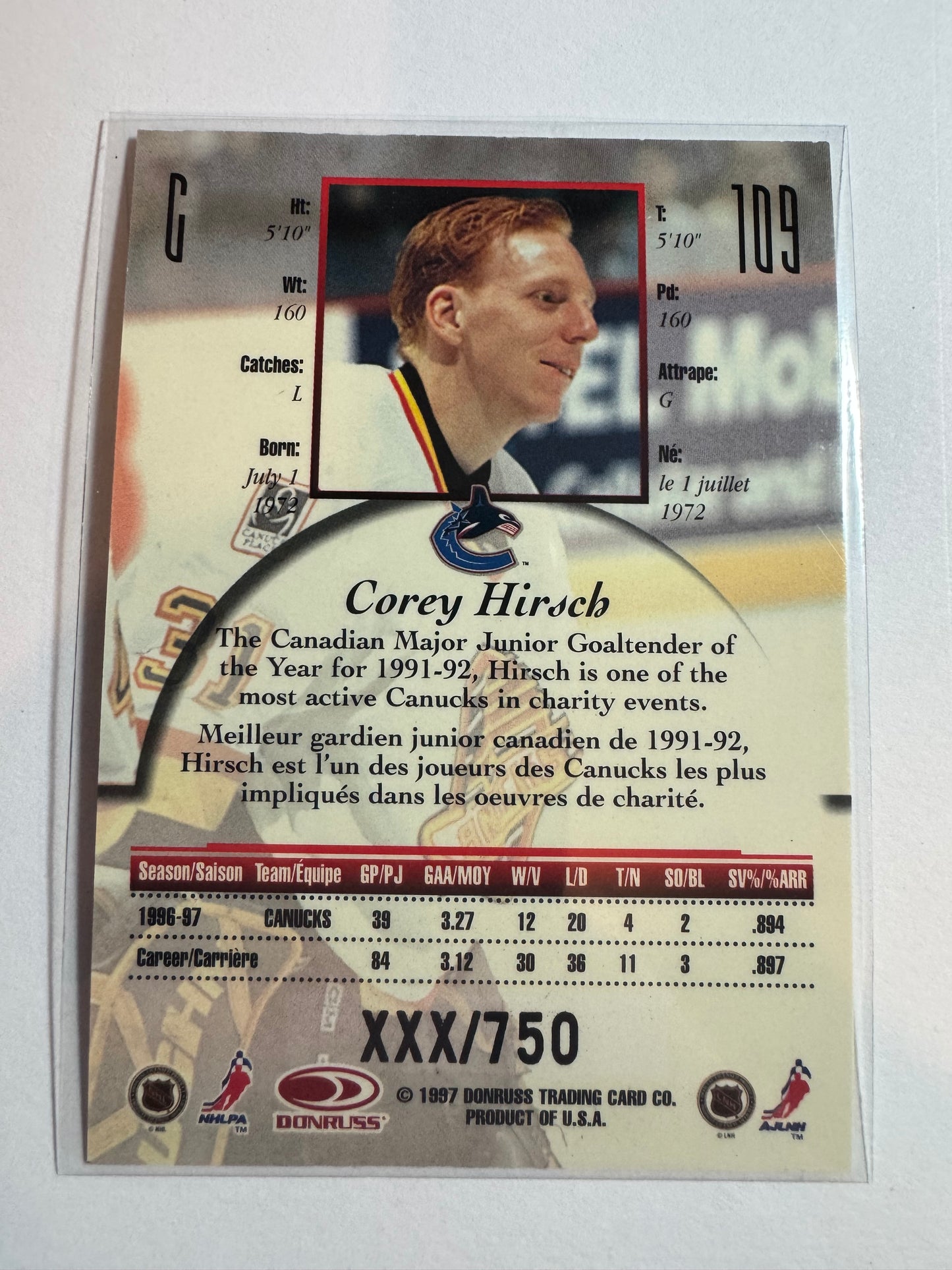 COREY HIRSCH - 1997 Donruss Canadian Ice Provincial Series #109, xxx/750