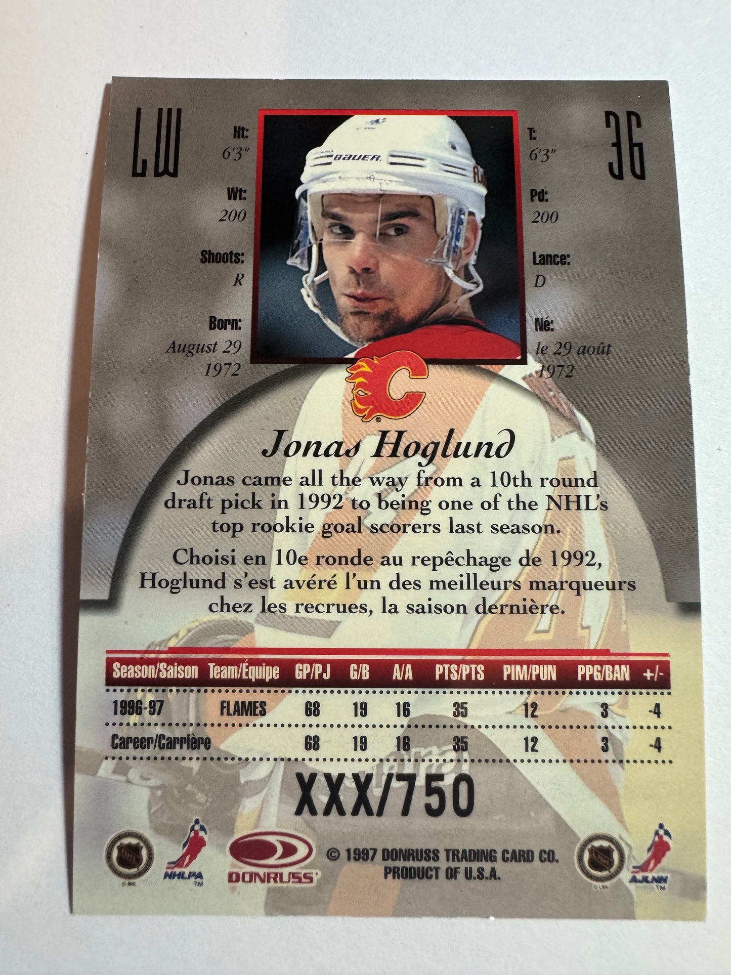JONAS HOGLUND - 1997 Donruss Canadian Ice Provincial Series #36, xxx/750