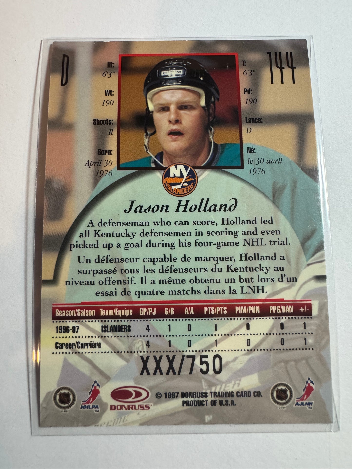 JASON HOLLAND - 1997 Donruss Canadian Ice Provincial Series #144, xxx/750