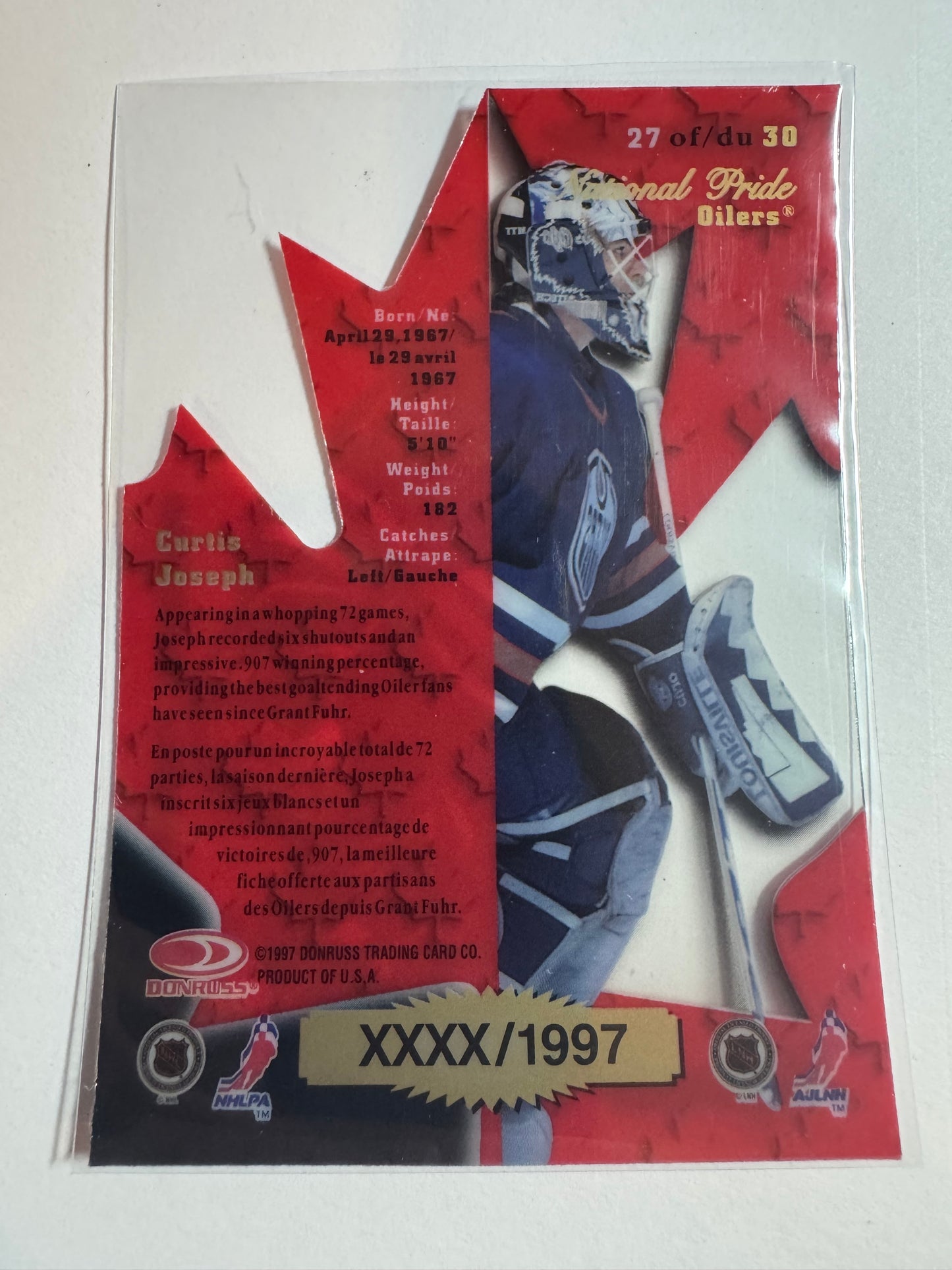 CURTIS JOSEPH - 1997 Donruss Canadian Ice National Pride Clear Cut Die Cut #27, xxxx/1997