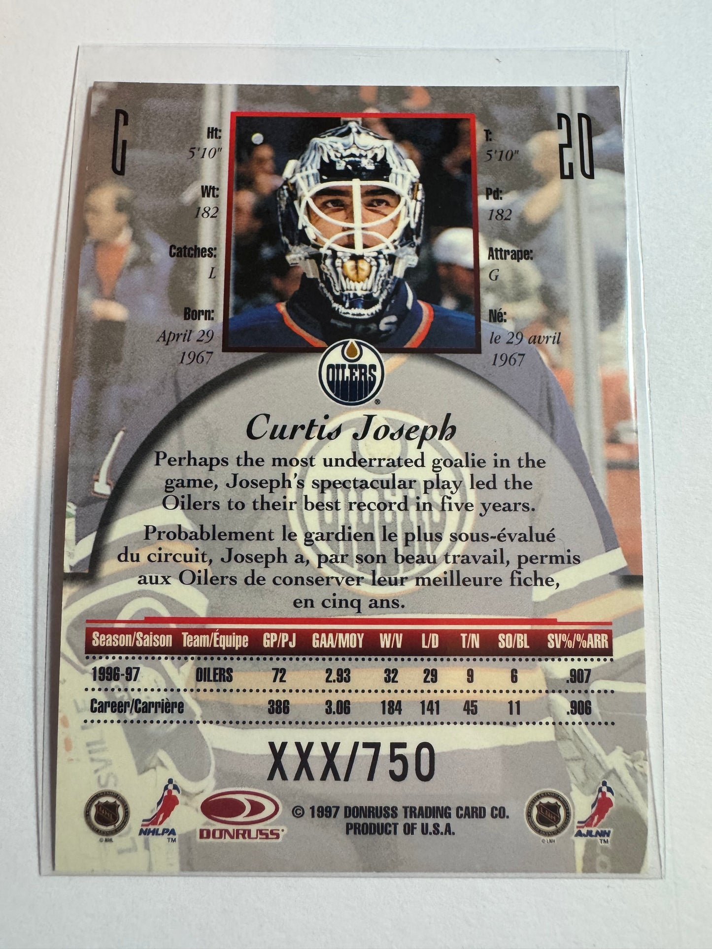 CURTIS JOSEPH - 1997 Donruss Canadian Ice Provincial Series #20, xxx/750