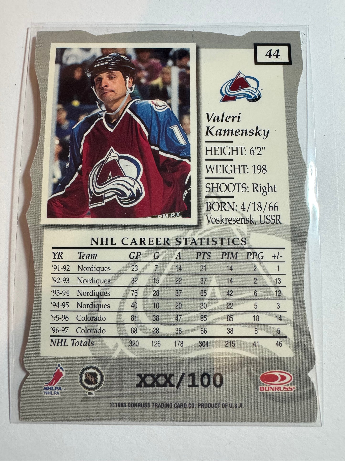 VALERI KAMENSKY - 1997 Donruss Elite Status Die Cut #44, xxx/100