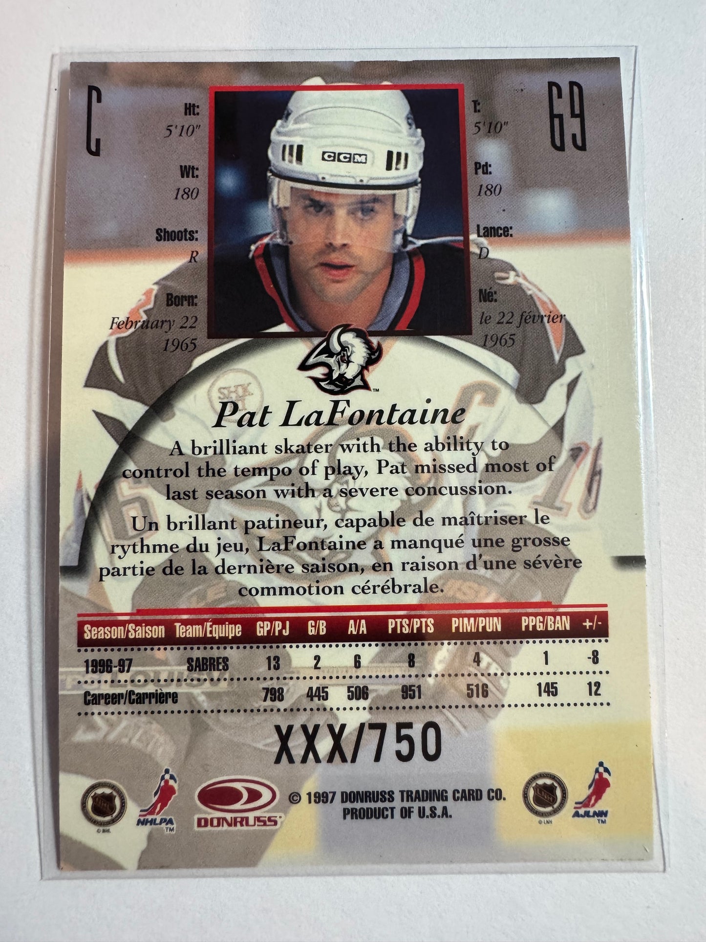 PAT LAFONTAINE - 1997 Donruss Canadian Ice Provincial Series #69, xxx/750