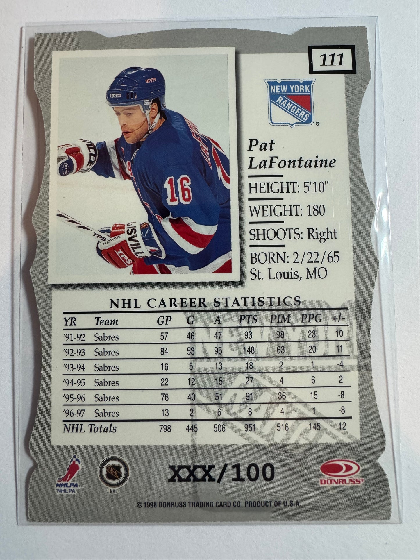 PAT LAFONTAINE - 1997 Donruss Elite Status Die Cut #111, xxx/100