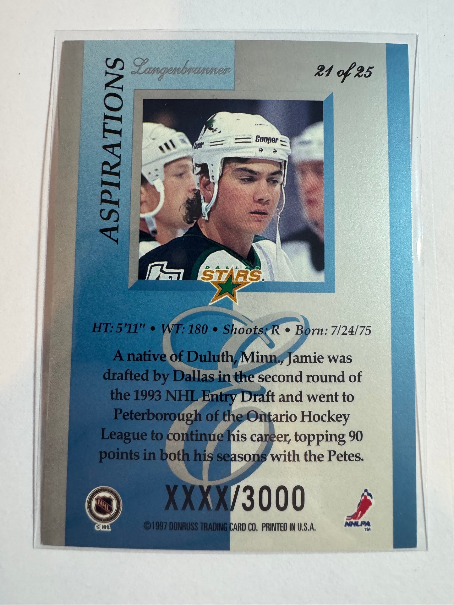 JAMIE LANGENBRUNNER - 1996 Donruss Elite Aspirations Die Cut #21, xxxx/3000