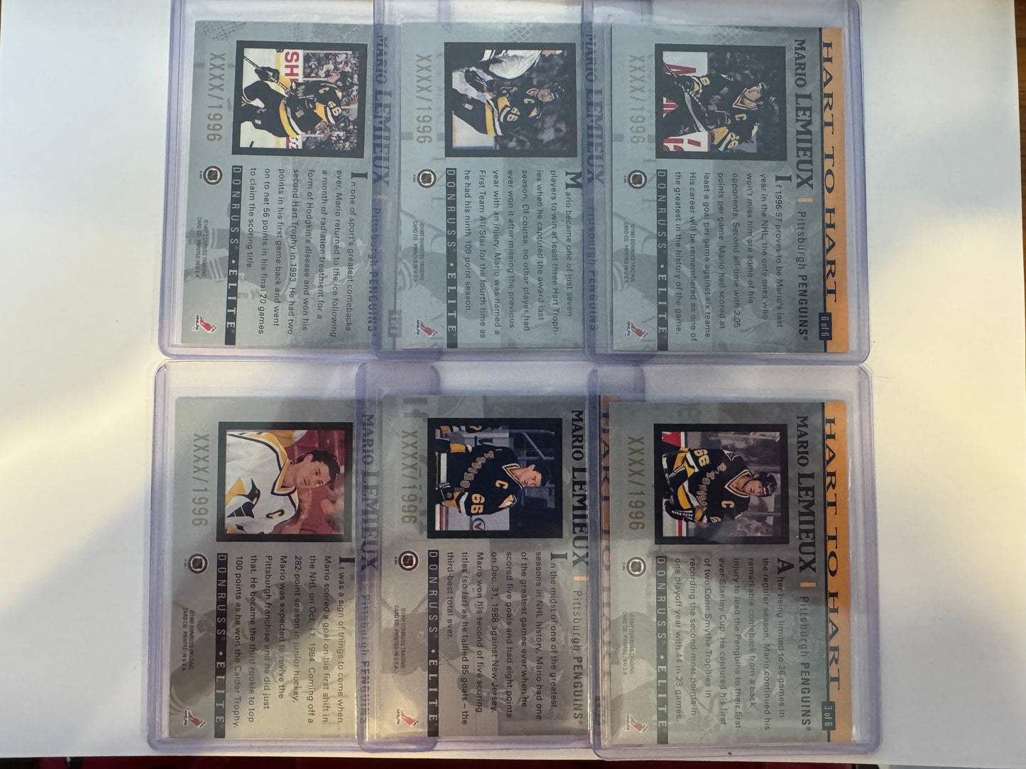 MARIO LEMIEUX - 1996 Donruss Elite Hart to Hart COMPLETE SET #1-6, xxxx/1996
