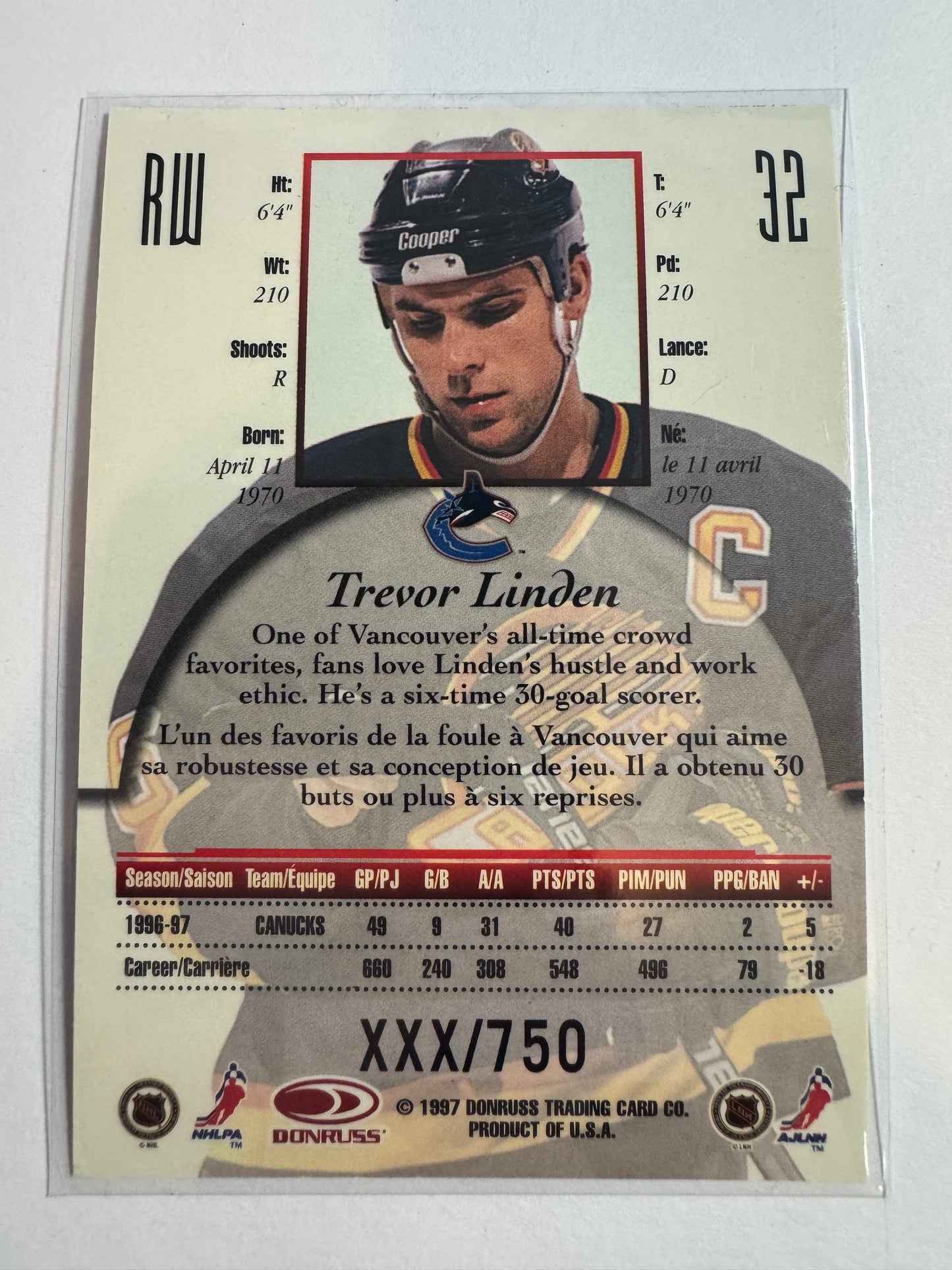 TREVOR LINDEN - 1997 Donruss Canadian Ice Provincial Series #32, xxx/750