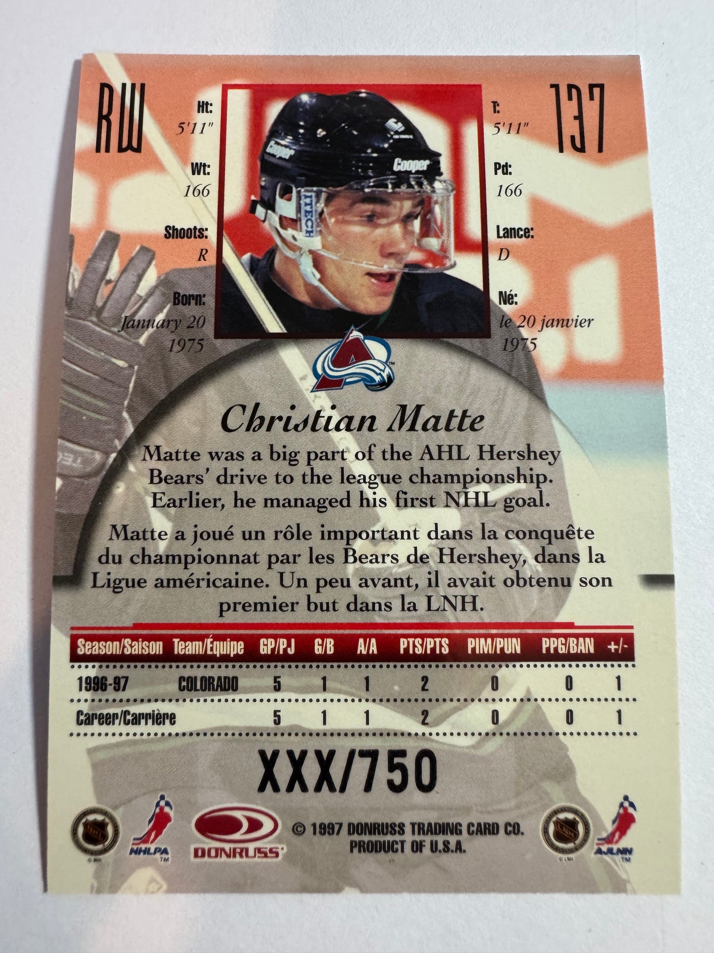 CHRISTIAN MATTE - 1997 Donruss Canadian Ice Provincial Series #137, xxx/750