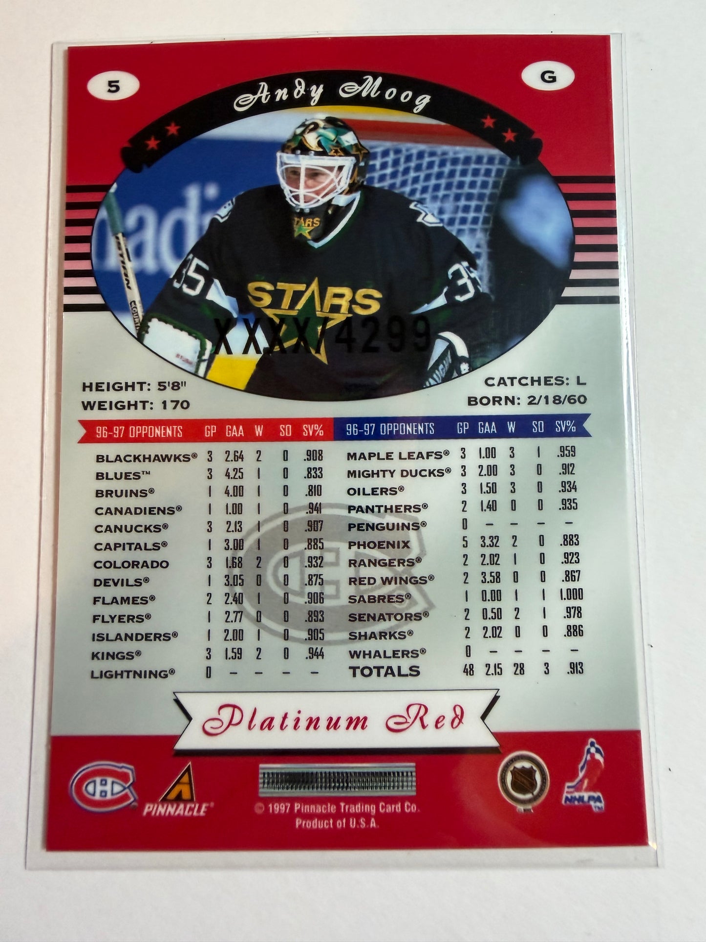 ANDY MOOG - 1997 Pinnacle Totally Certified Platinum Red #5, xxxx/4299