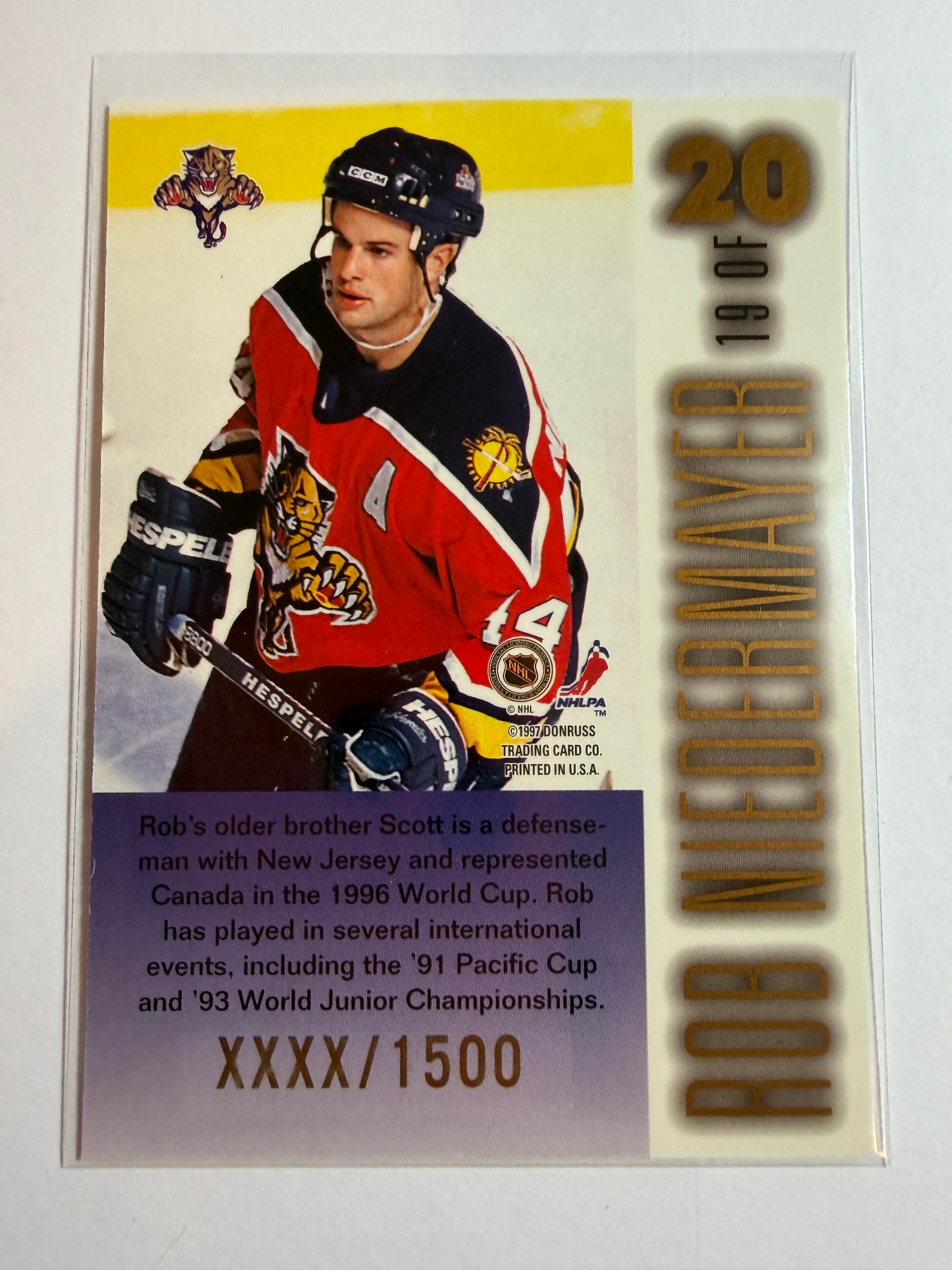 ROB NIEDERMAYER - 1996 Donruss Leaf Limited Stubble #19, xxxx/1500