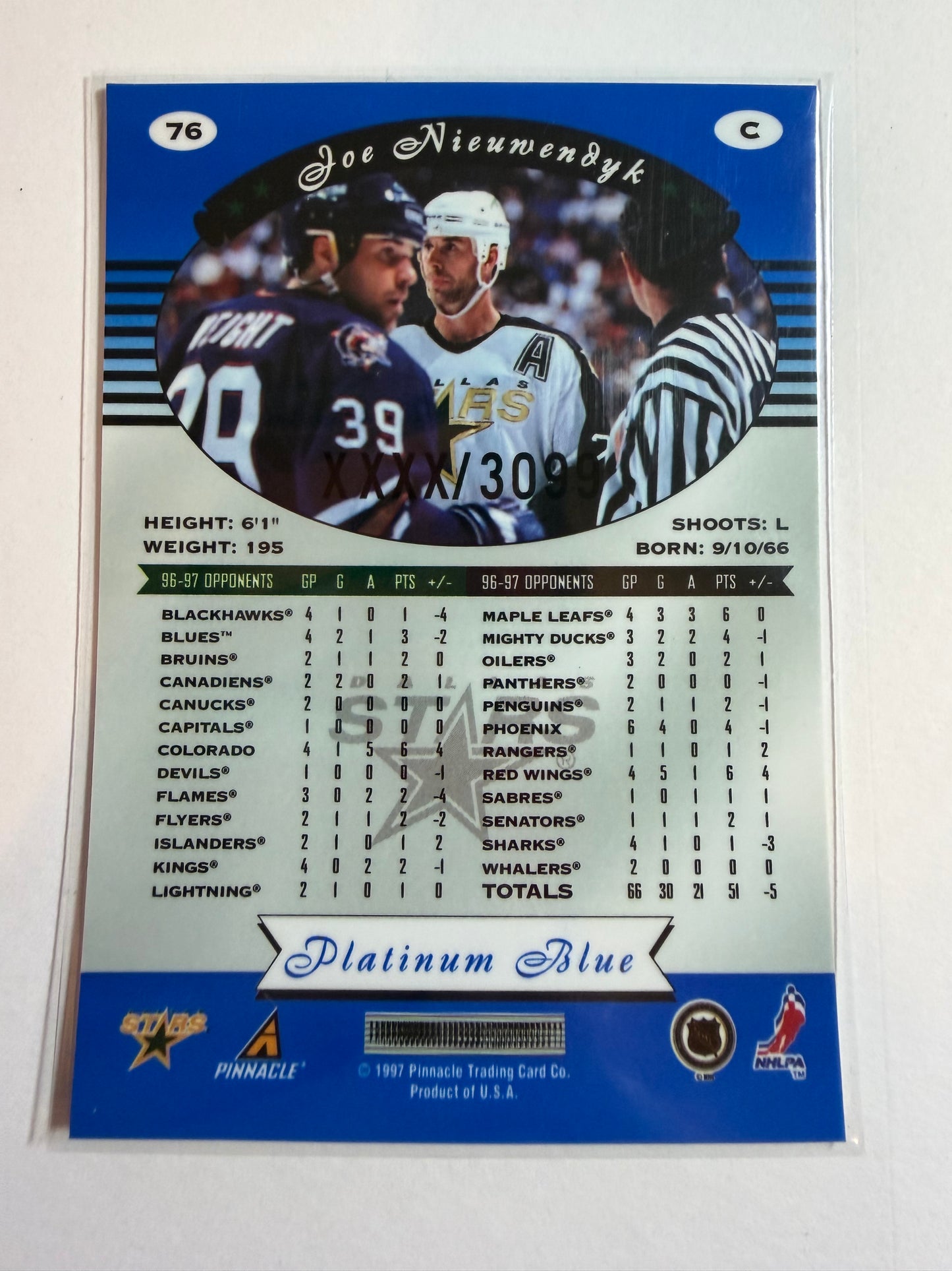 JOE NIEUWENDYK - 1997 Pinnacle Totally Certified Platinum Blue #76, xxxx/3099