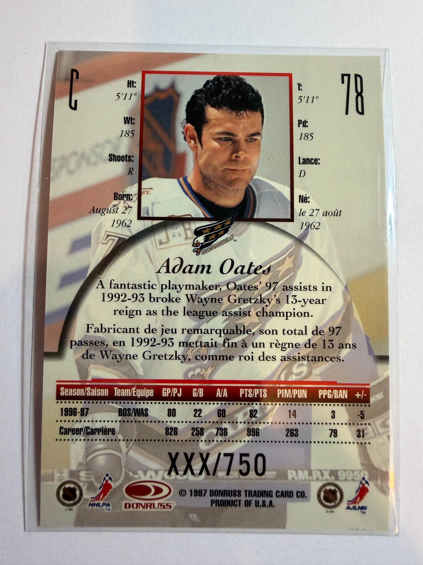 ADAM OATES - 1997 Donruss Canadian Ice Provincial Series #78, xxx/750