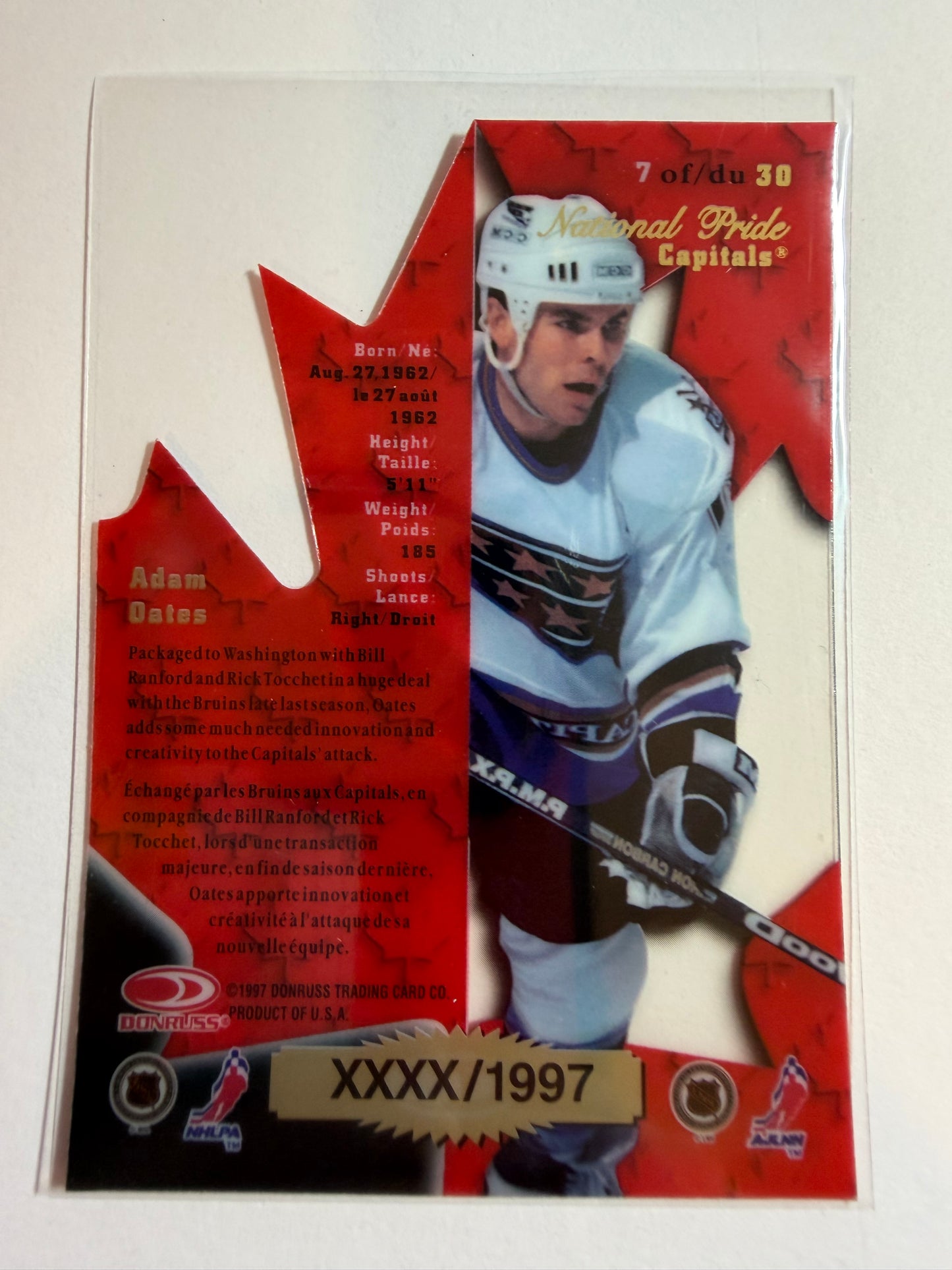 ADAM OATES - 1997 Donruss Canadian Ice National Pride Clear Cut Die Cut #7, xxxx/1997