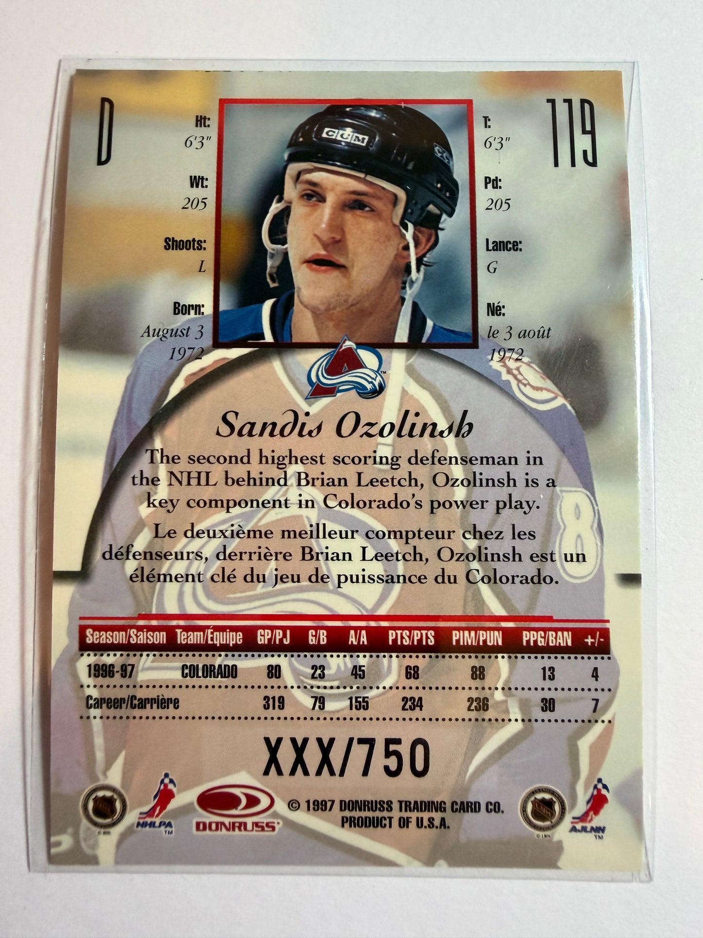 SANDIS OZOLINSH - 1997 Donruss Canadian Ice Provincial Series #119, xxx/750
