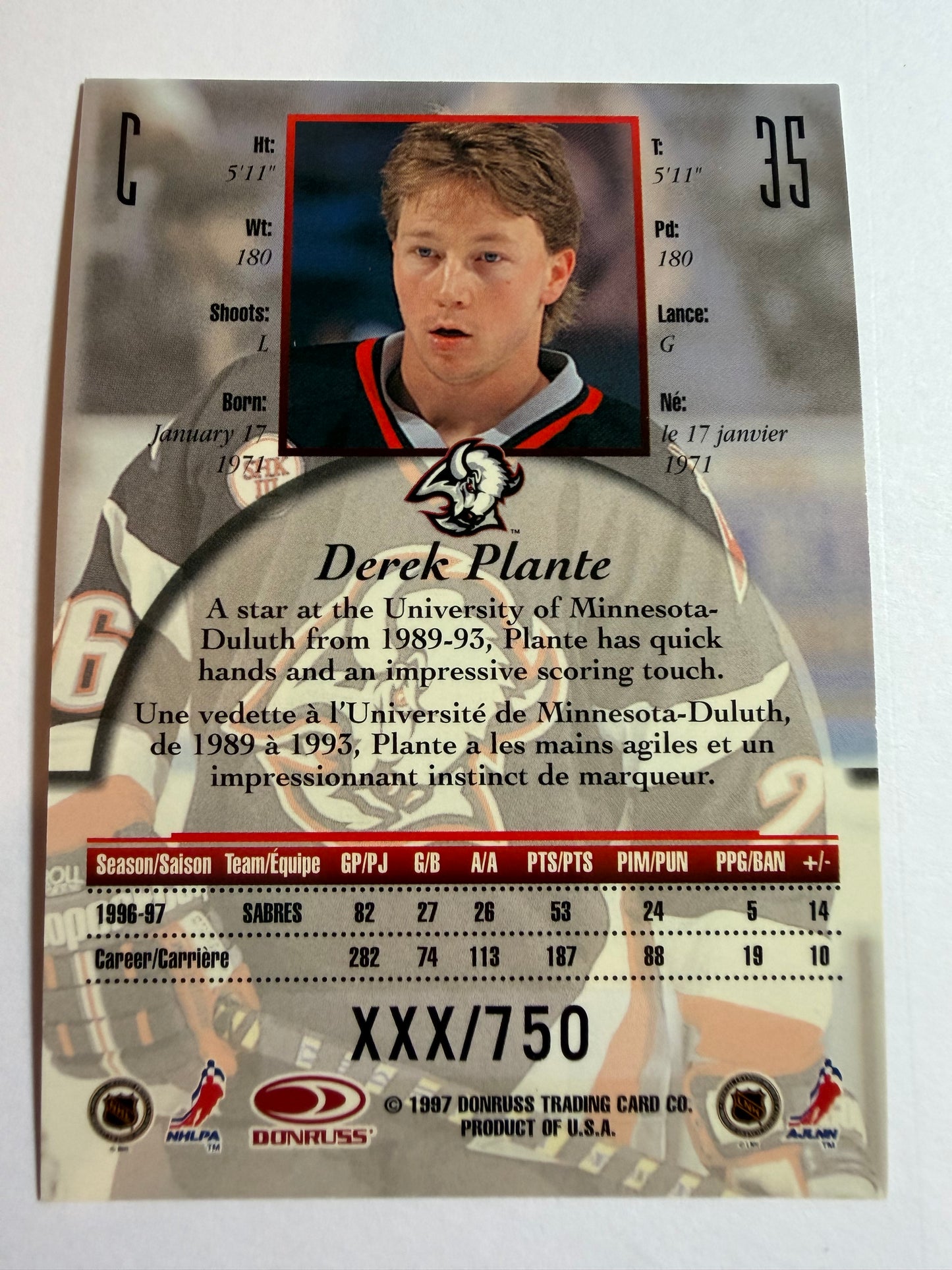 DEREK PLANTE - 1997 Donruss Canadian Ice Provincial Series #35, xxx/750