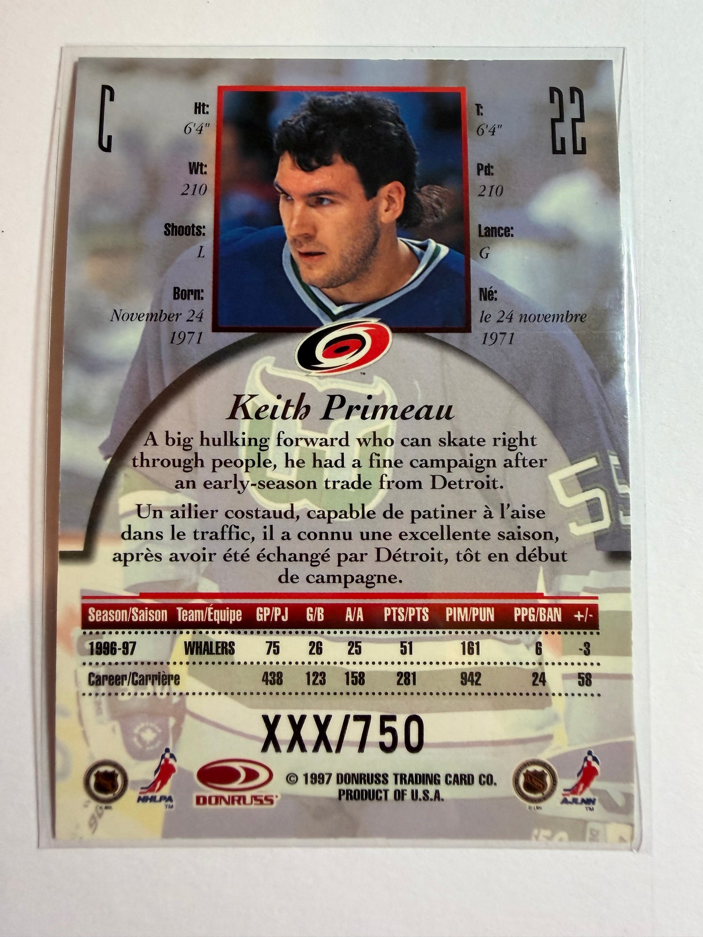 KEITH PRIMEAU - 1997 Donruss Canadian Ice Provincial Series #22, xxx/750