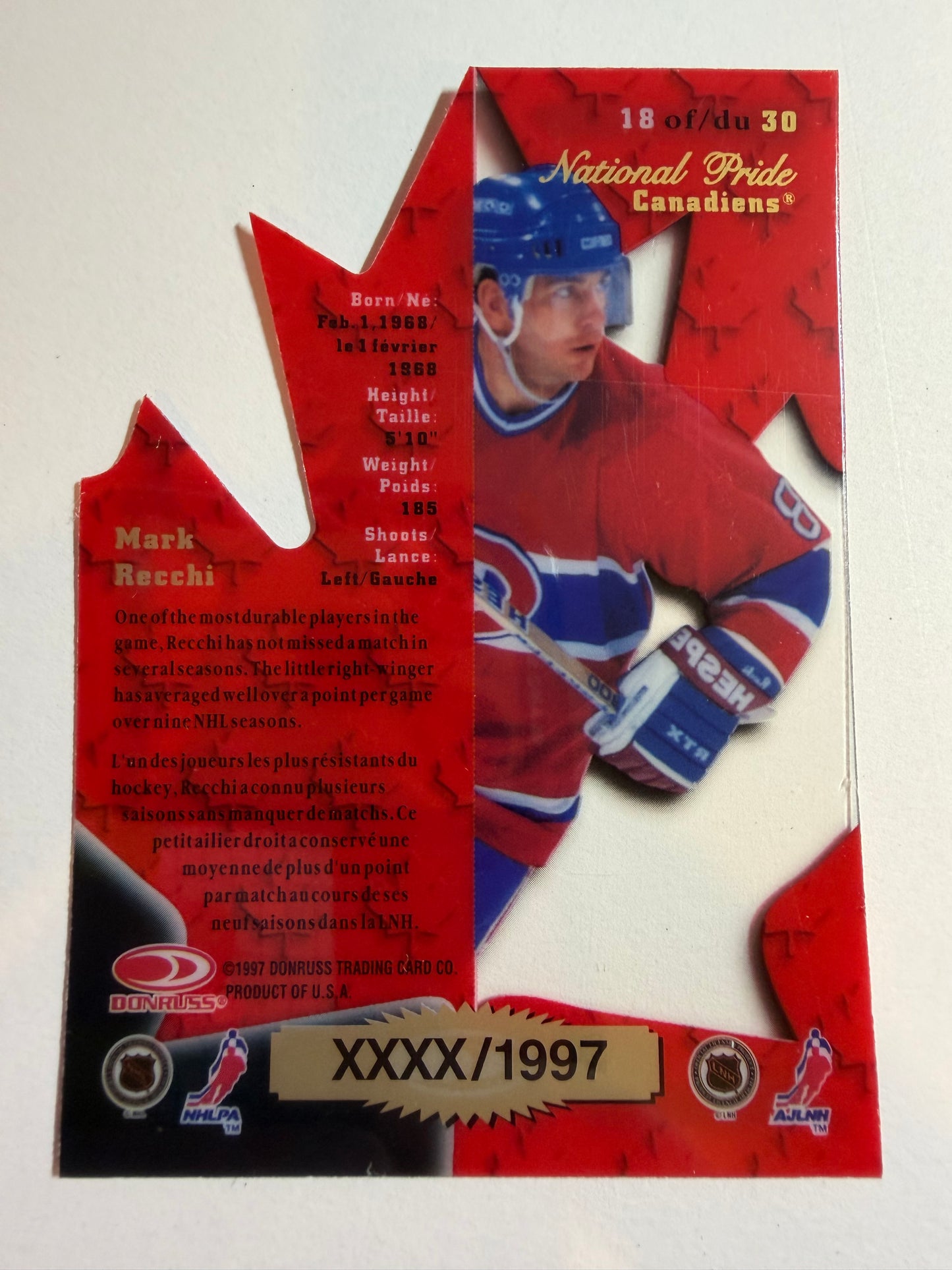 MARK RECCHI - 1997 Donruss Canadian National Pride Clear Cut Die Cut #18, xxxx/1997