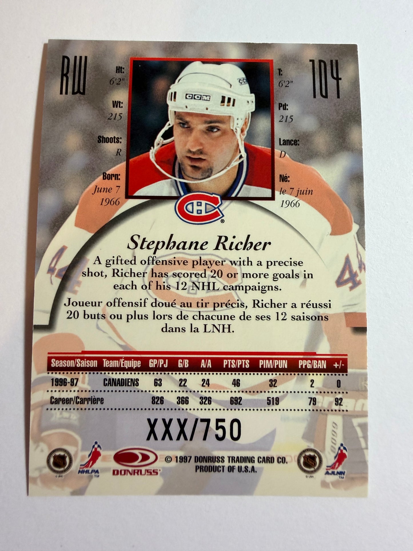 STEPHANE RICHER - 1997 Donruss Canadian Ice Provincial Series #104, xxx/750