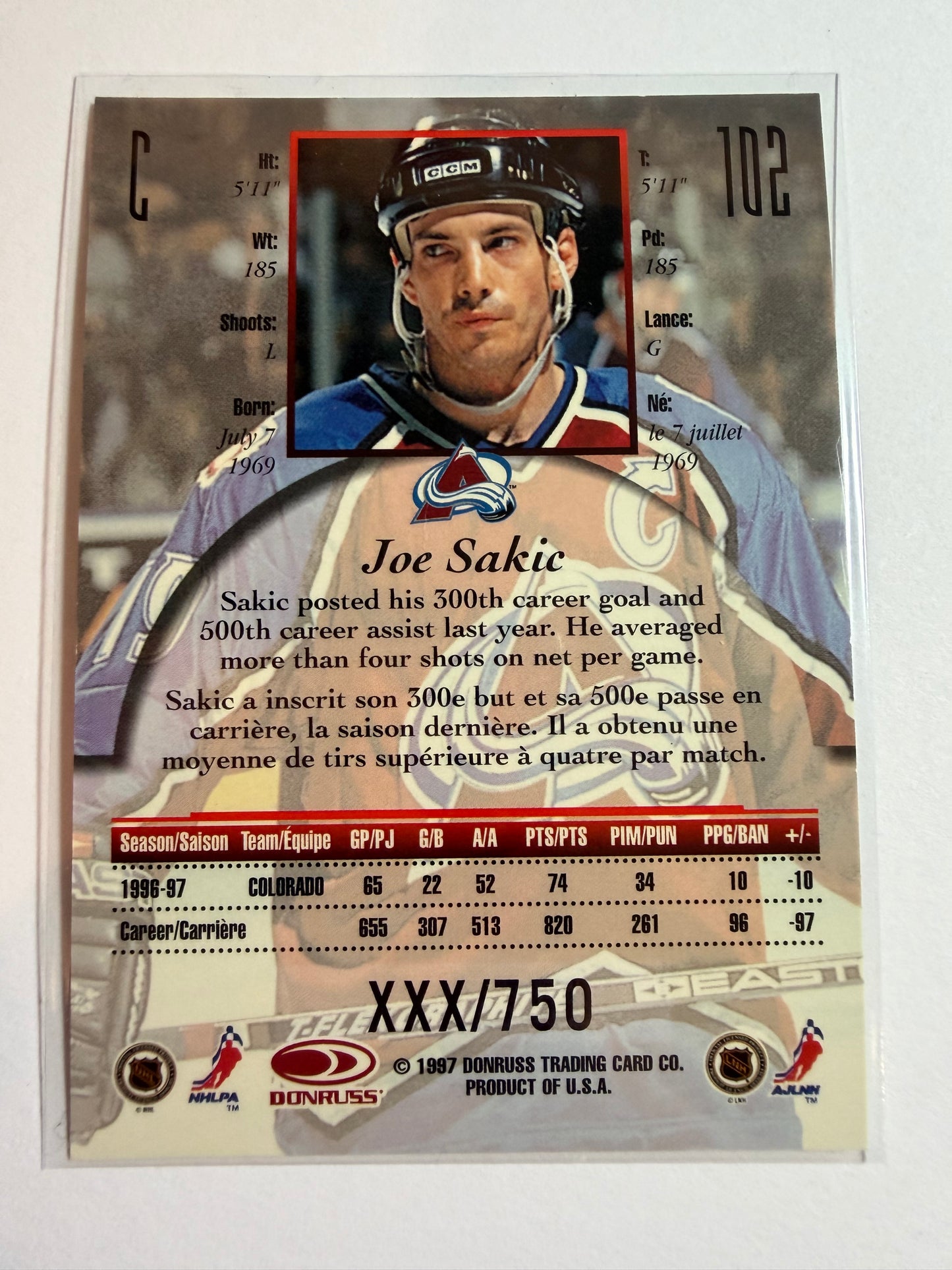 JOE SAKIC - 1997 Donruss Canadian Ice Provincial Series #102, xxx/750