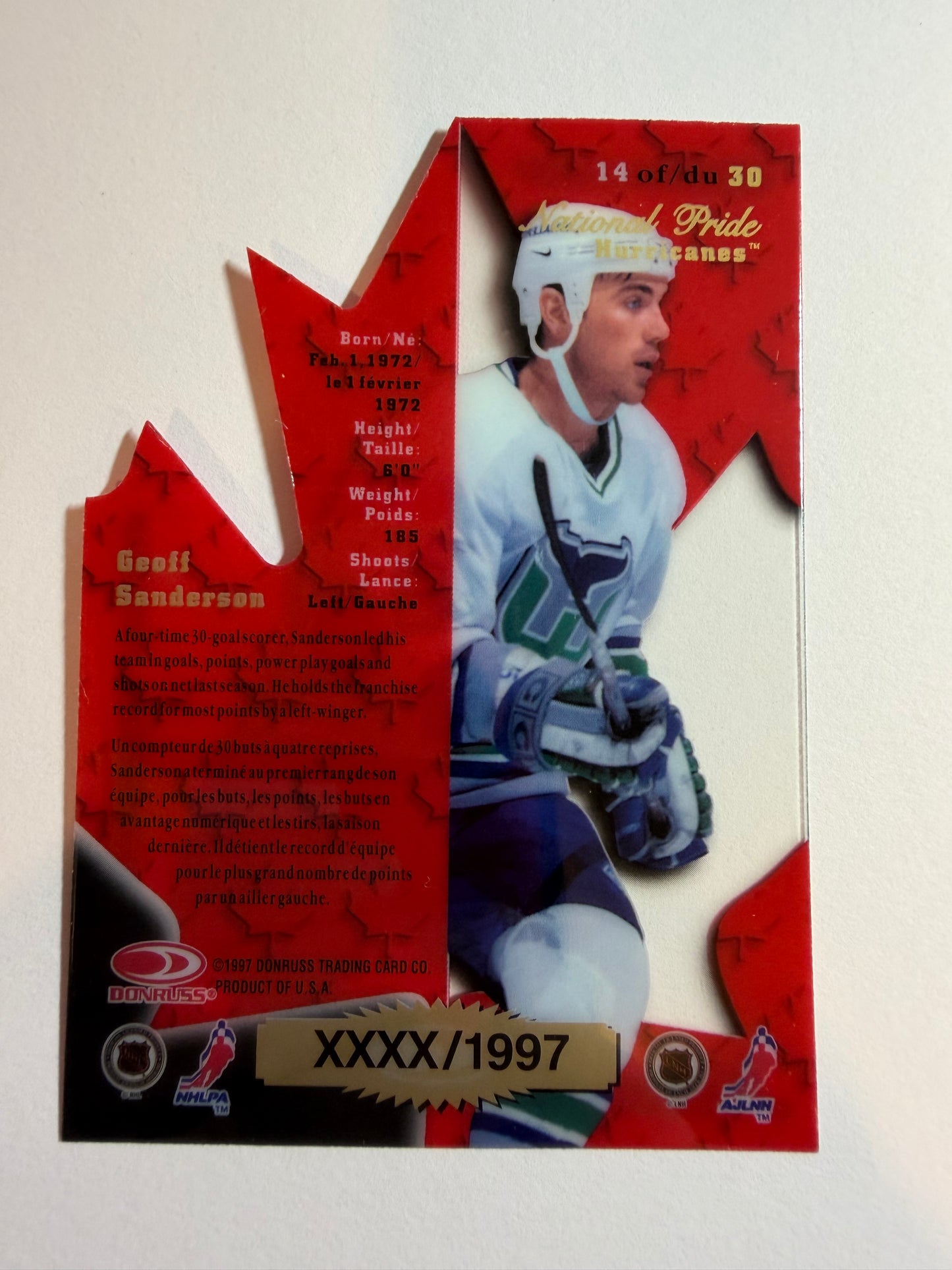 GEOFF SANDERSON - 1997 Donruss Canadian Ice National Pride Clear Cut Die Cut #14, xxxx/1997