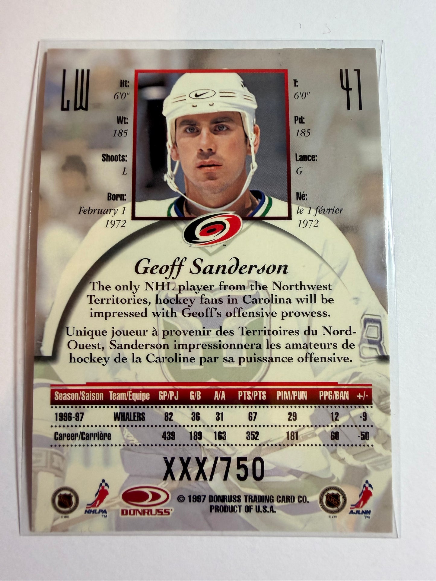 GEOFF SANDERSON - 1997 Donruss Canadian Ice Provincial Series #41, xxx/750