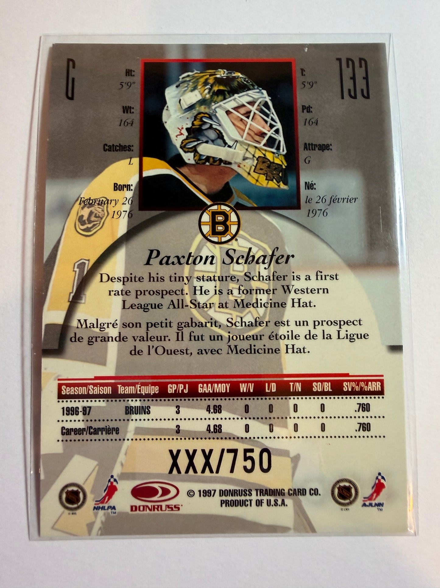 PAXTON SCHAFER - 1997 Donruss Canadian Ice Provincial Series #133, xxx/750