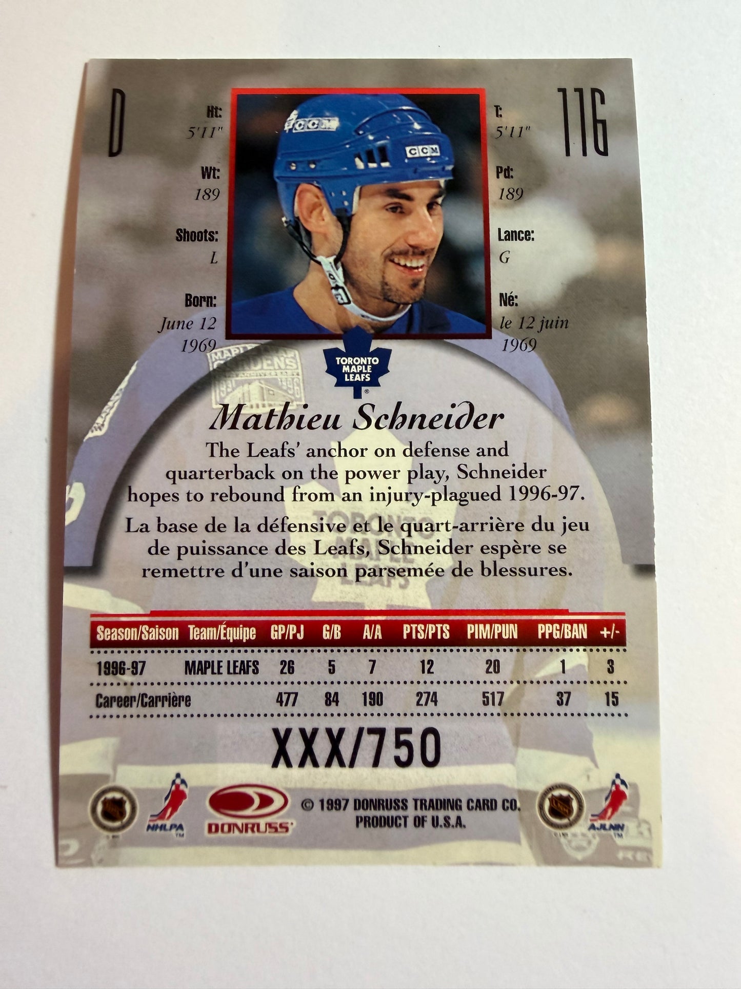 MATHIEU SCHNEIDER - 1997 Donruss Canadian Ice Provincial Series #116, xxx/750