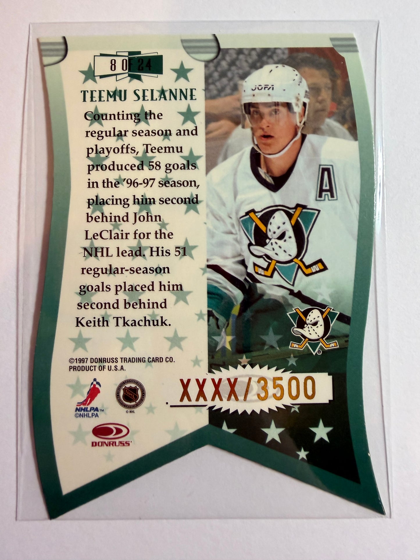 TEEMU SELANNE - 1997 Donruss Leaf Banner Season Die Cut #8, xxxx/3500