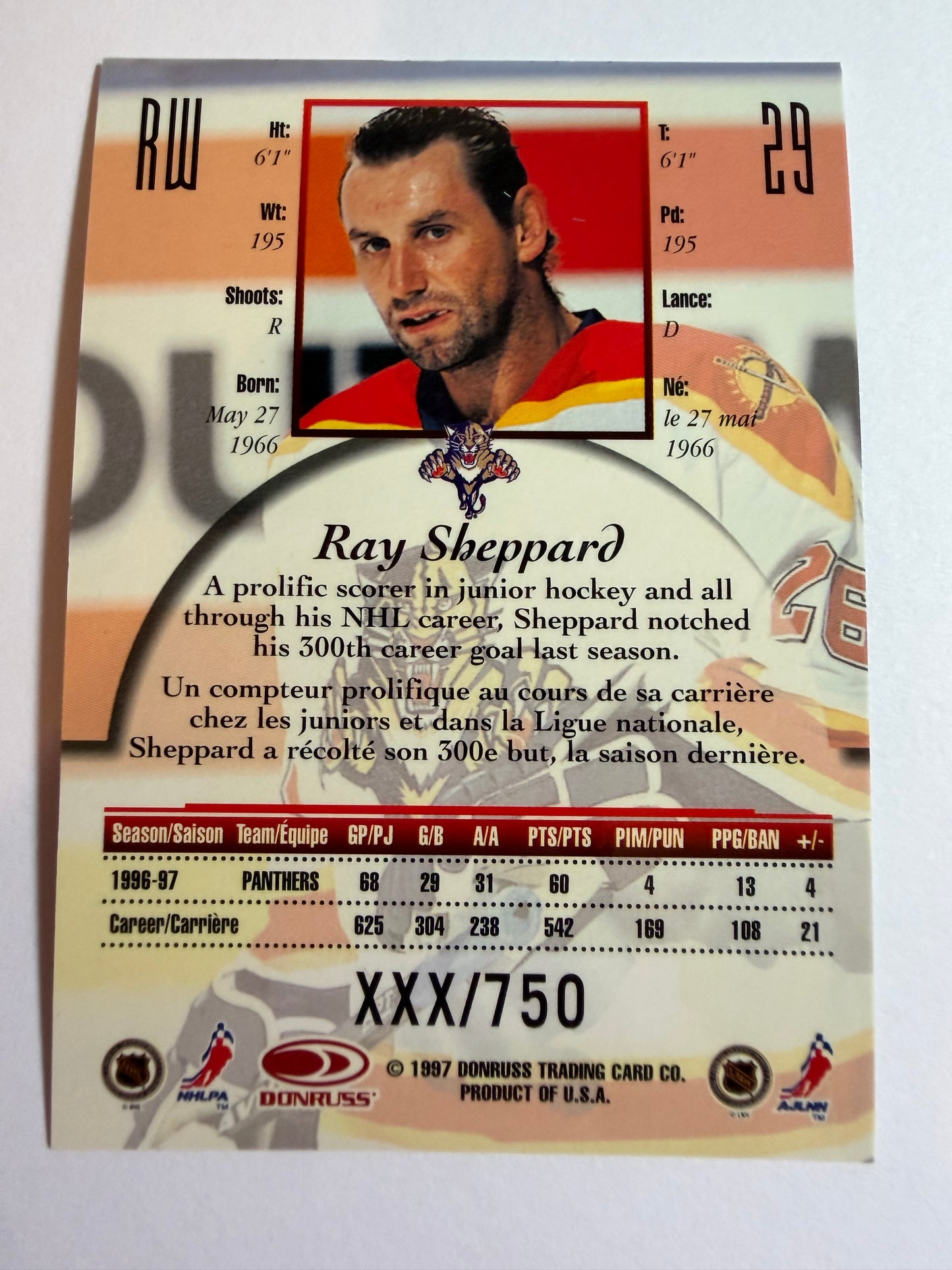 RAY SHEPPARD - 1997 Donruss Canadian Ice Provincial Series #29, xxx/750