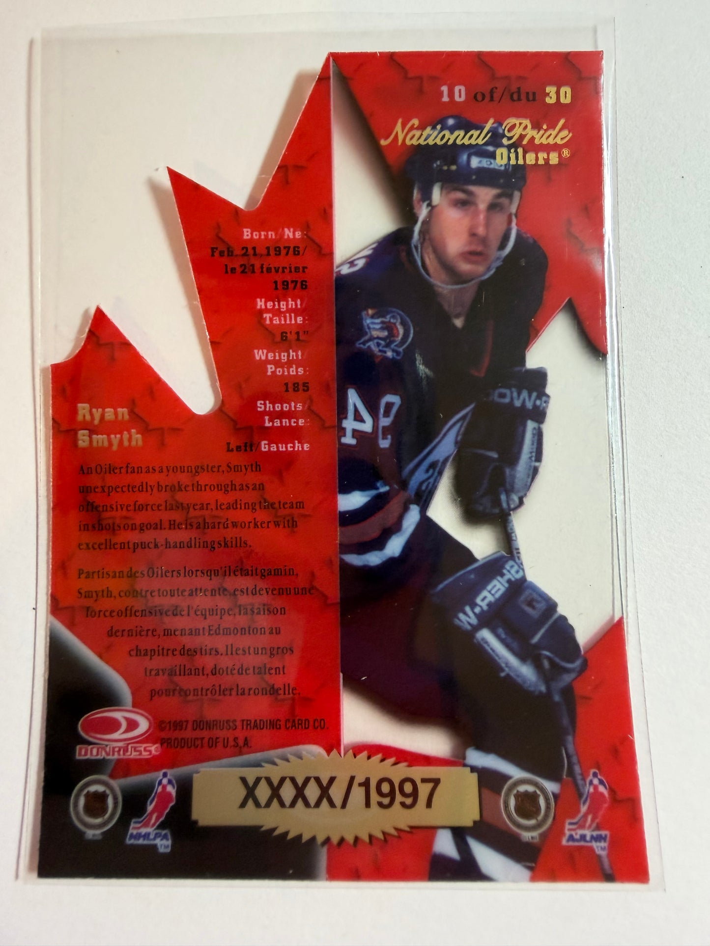 RYAN SMYTH - 1997 Donruss Canadian Ice National Pride Clear Cut Die Cut #10, xxxx/1997