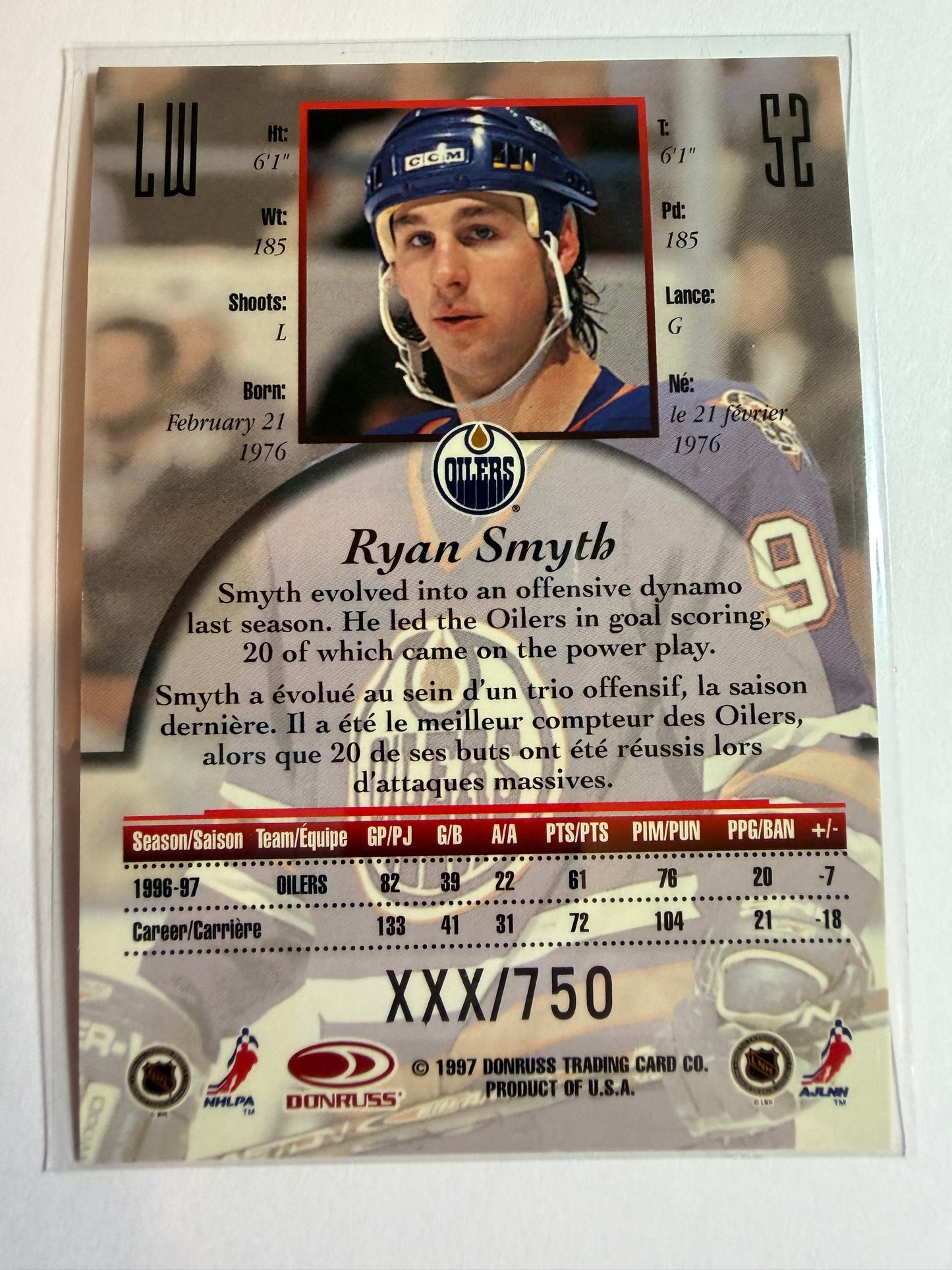 RYAN SMYTH - 1997 Donruss Canadian Ice Provincial Series #52, xxx/750