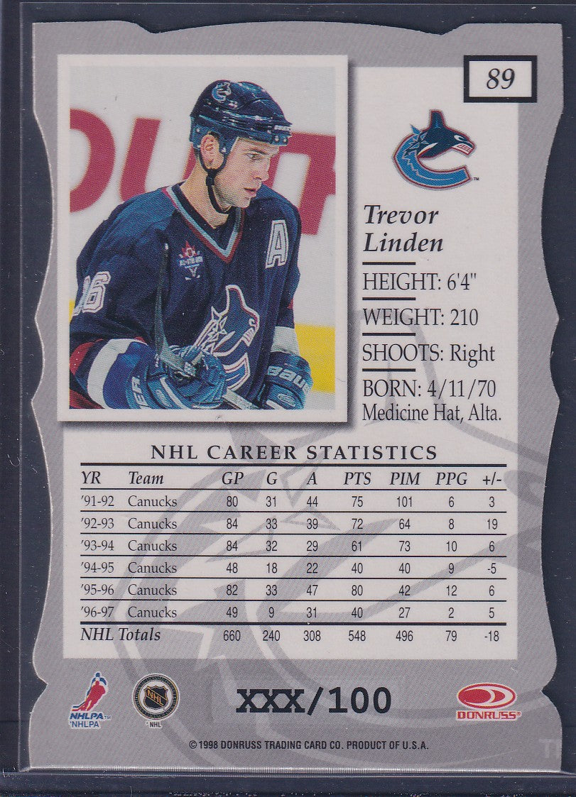 TREVOR LINDEN - 1997 Donruss Elite Status Die Cut #89, xxx/100