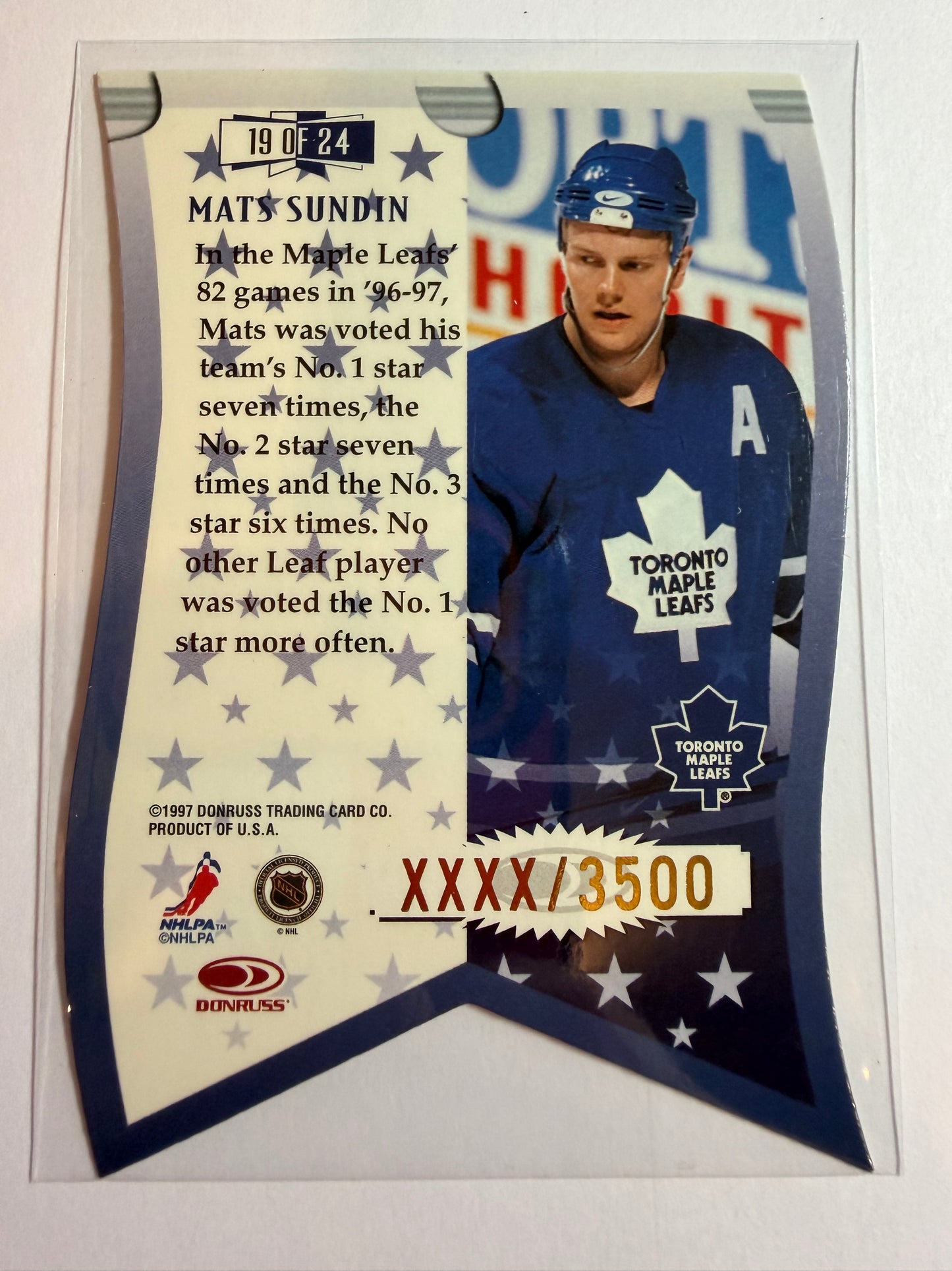 MATS SUNDIN - 1997 Donruss Leaf Banner Season Die Cut #19, xxxx/3500