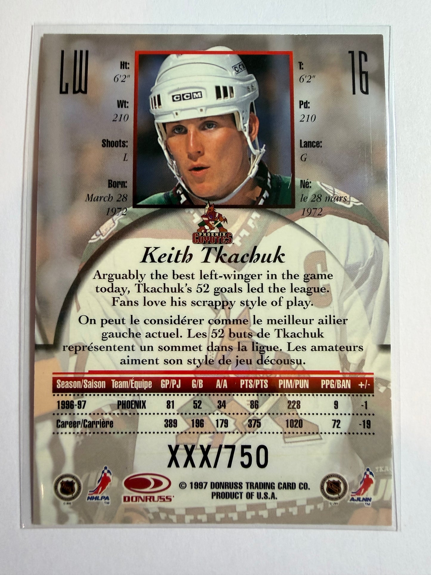 KEITH TKACHUK - 1997 Donruss Canadian Ice Provincial Series #16, xxx/750
