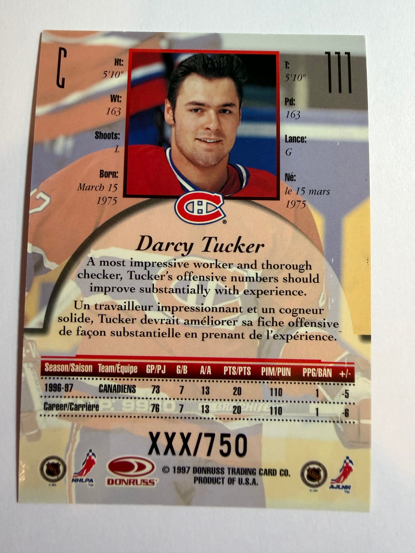 DARCY TUCKER - 1997 Donruss Canadian Ice Provincial Series #111, xxx/750
