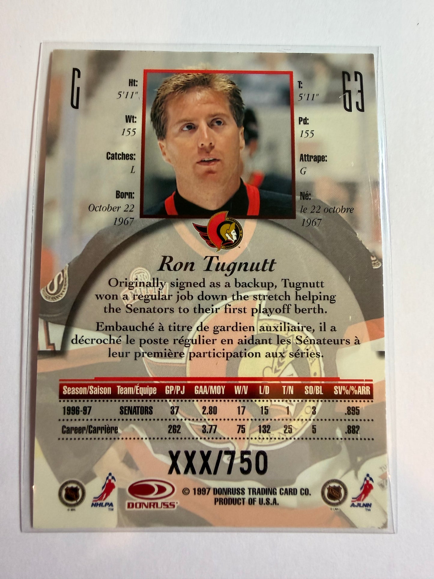RON TUGNUTT - 1997 Donruss Canadian Ice Provincial Series #63, xxx/750