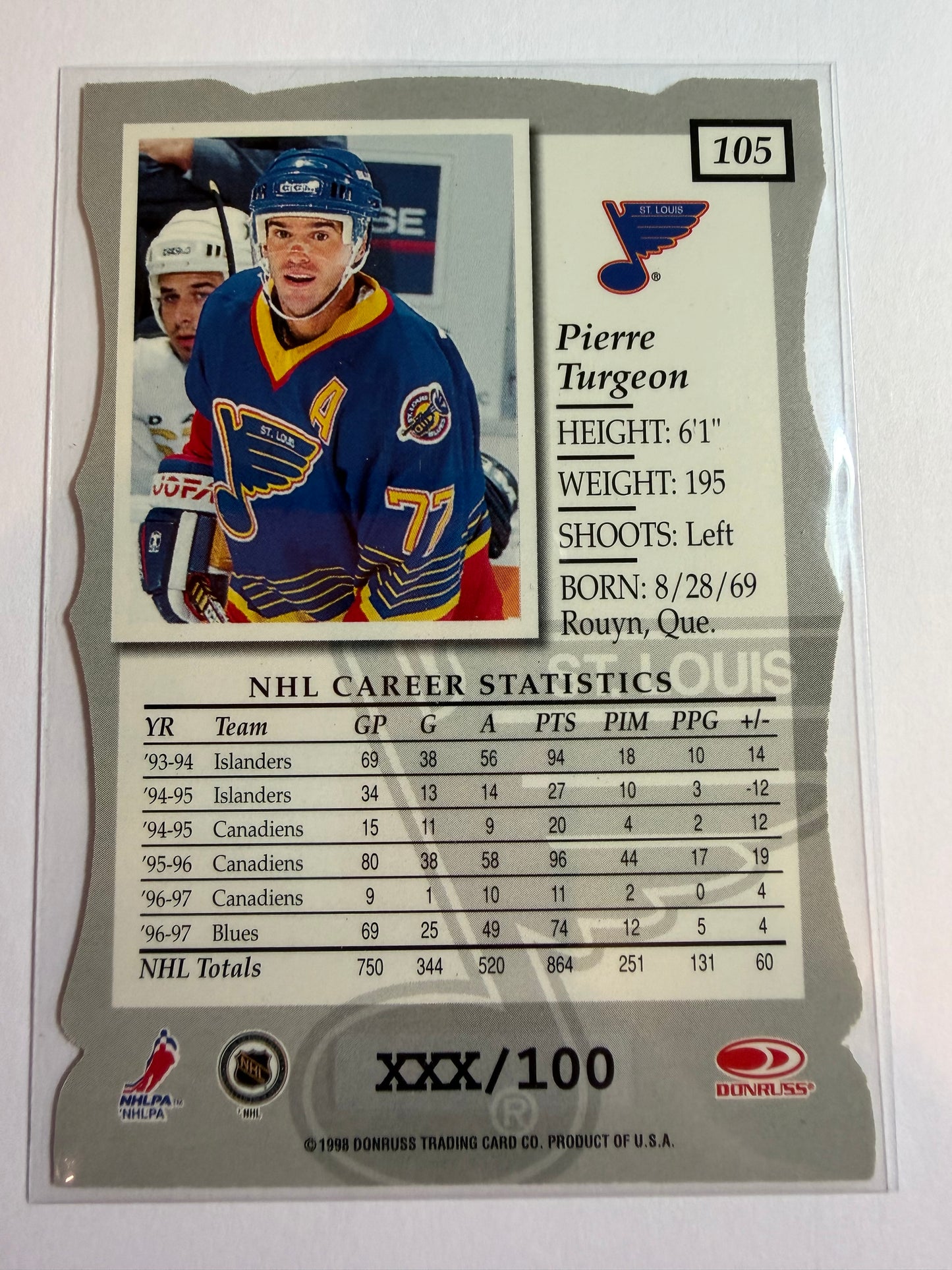 PIERRE TURGEON - 1997 Donruss Elite Status Die Cut #105, xxx/100