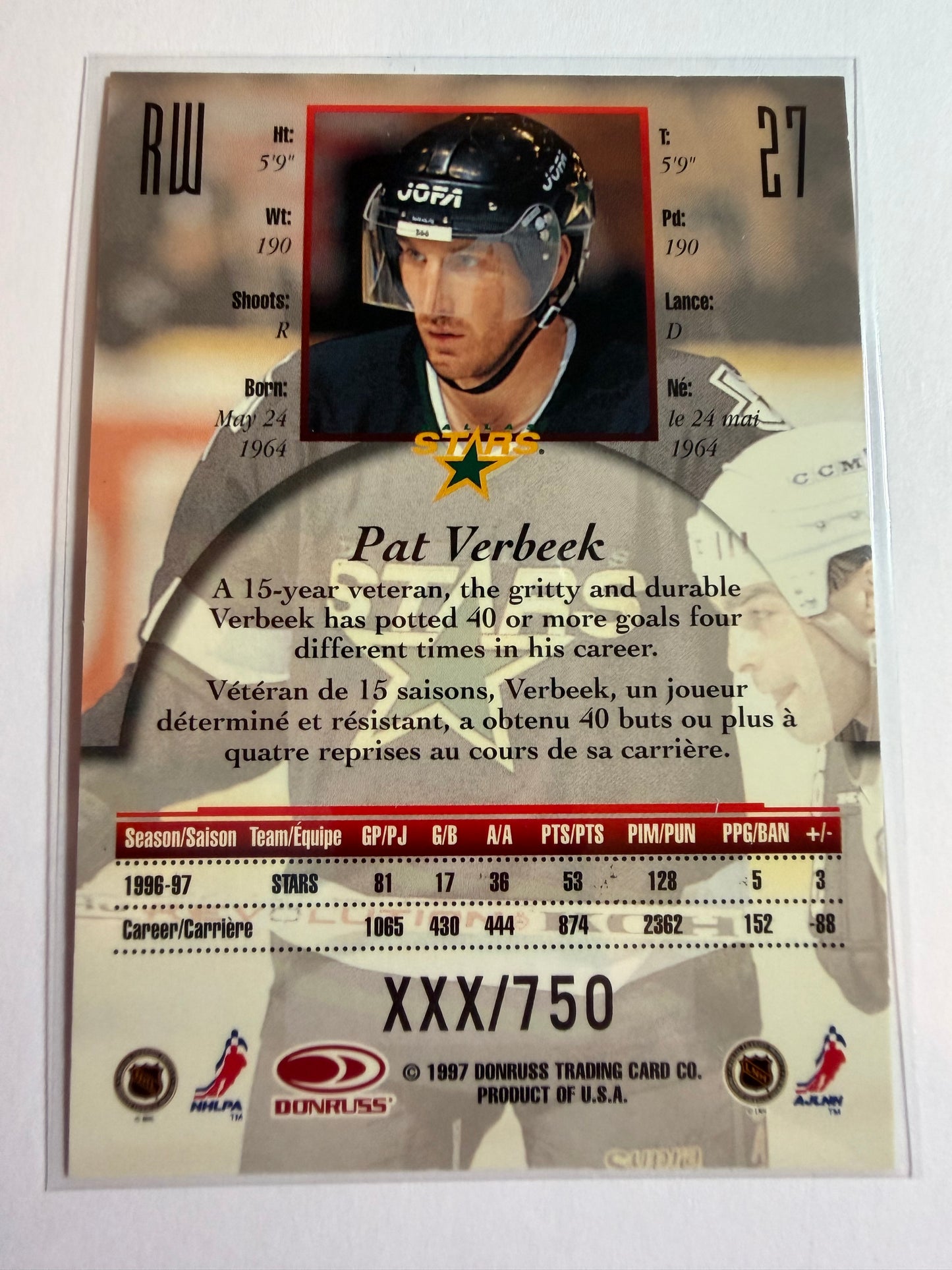 PAT VERBEEK - 1997 Donruss Canadian Ice Provincial Series #27, xxx/750
