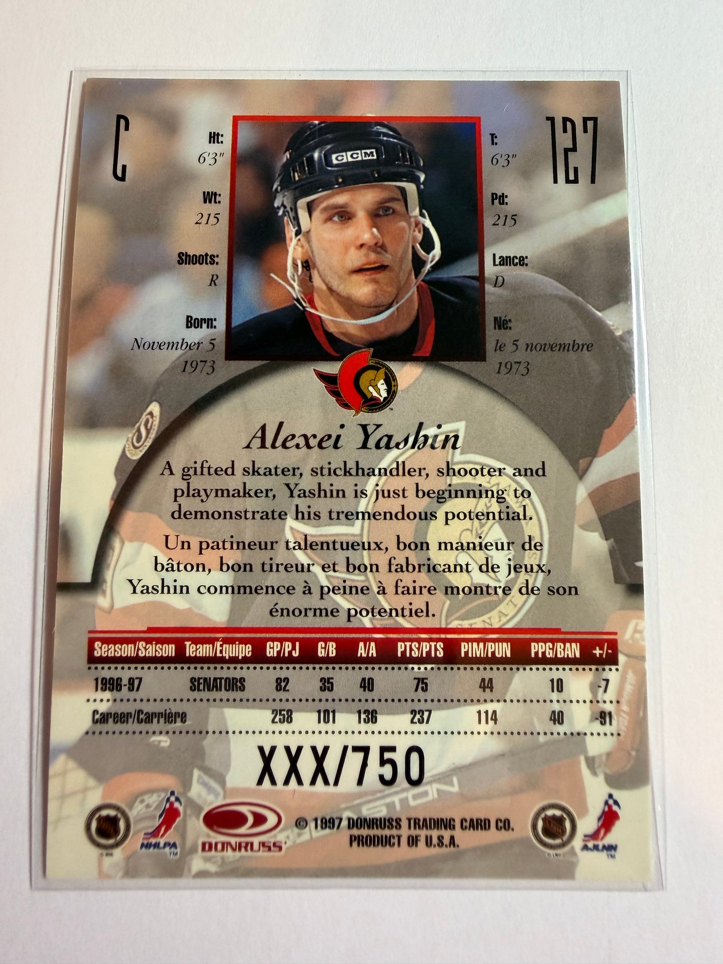 ALEXEI YASHIN - 1997 Donruss Canadian Ice Provincial Series #127, xxx/750