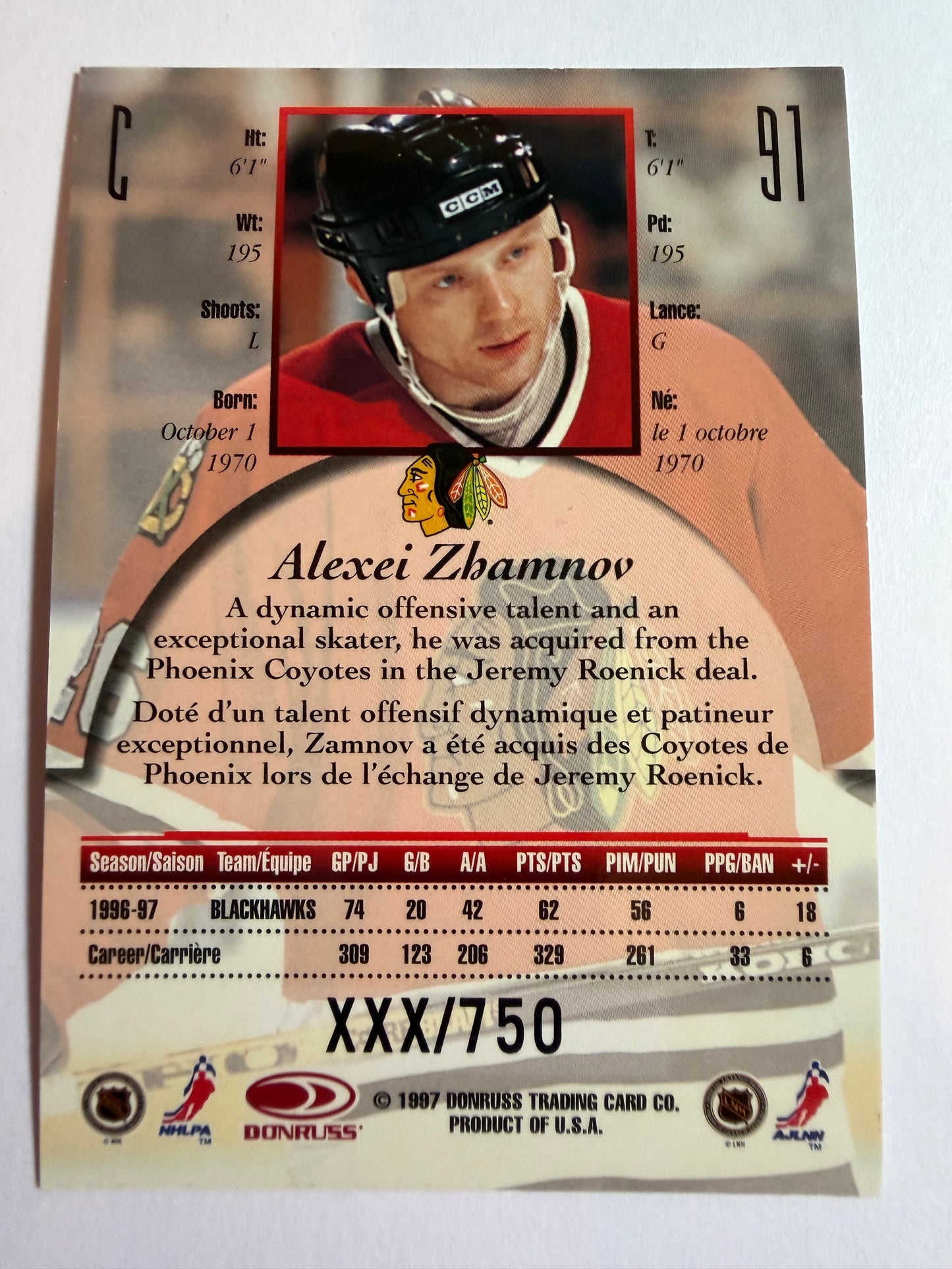 ALEXEI ZHAMNOV - 1997 Donruss Canadian Ice Provincial Series #91, xxx/750