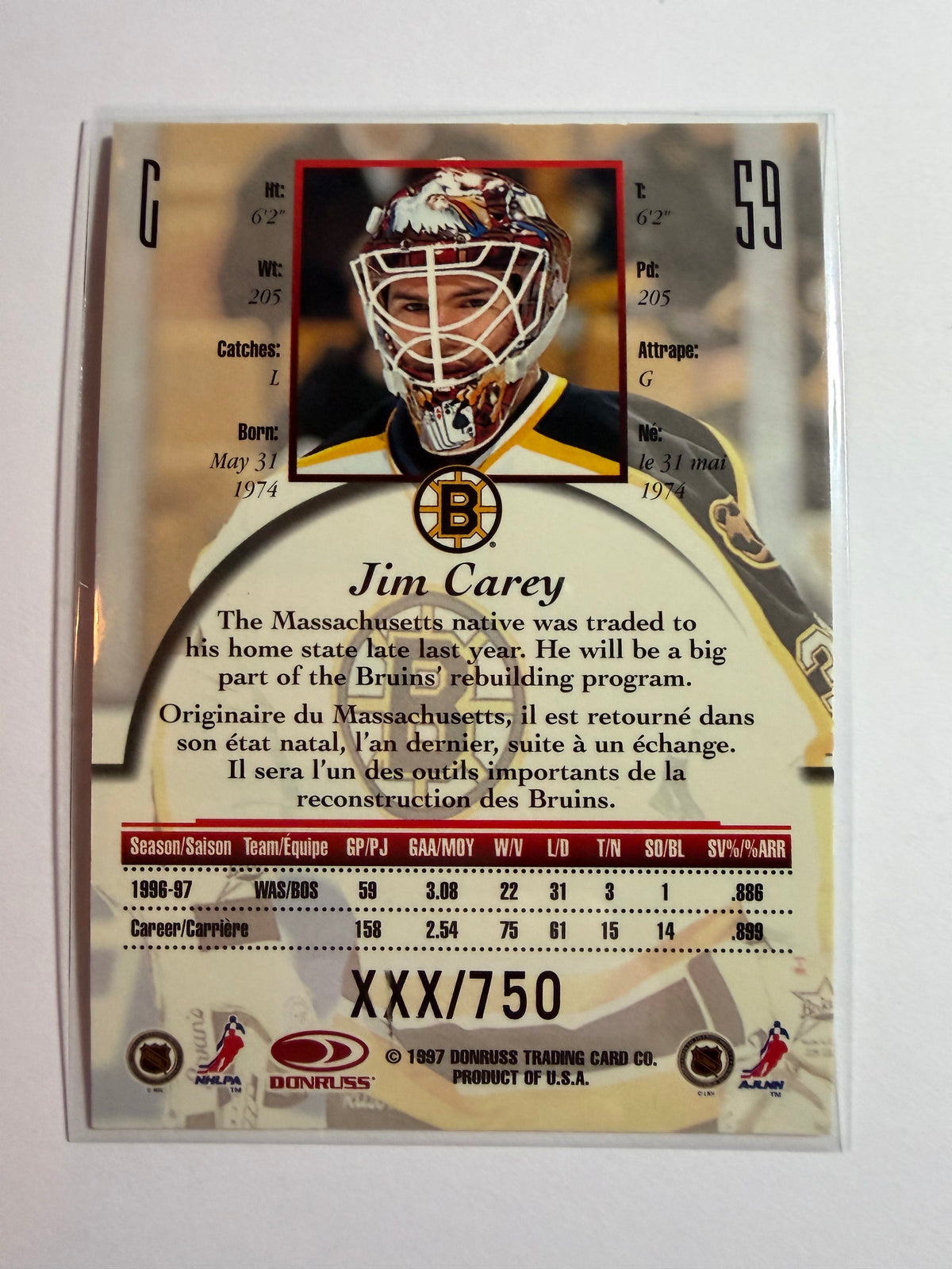 JIM CAREY - 1997 Donruss Canadian Ice Provincial Series #59, xxx/750
