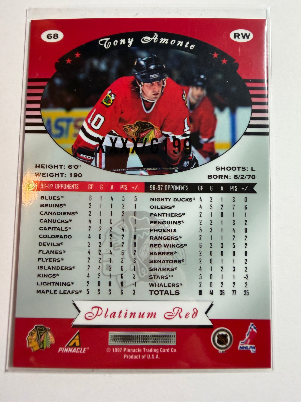 TONY AMONTE - 1997 Pinnacle Totally Certified Platinum Red #68, xxxx/6199