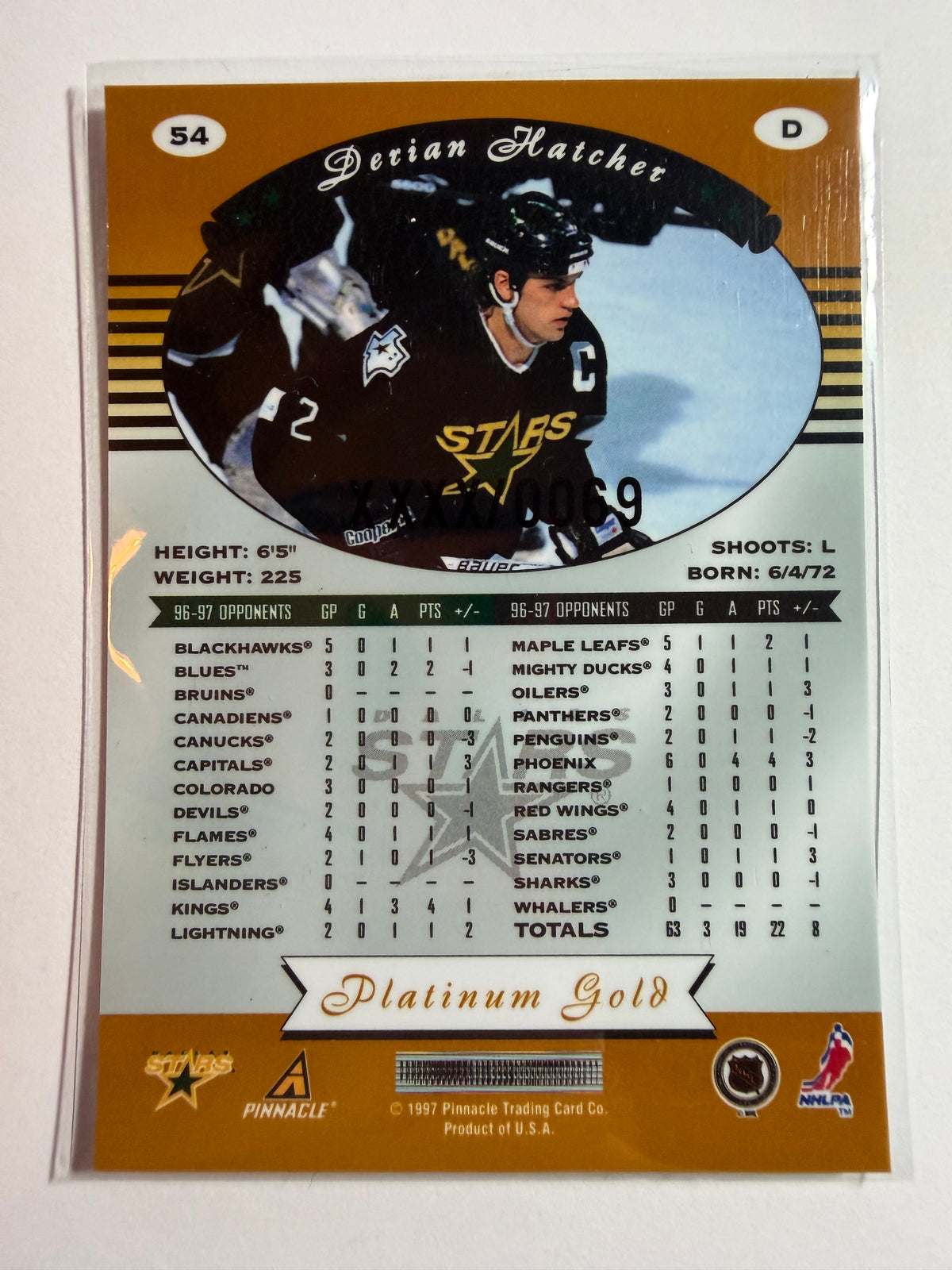 DERIAN HATCHER - 1997 Pinnacle Totally Certified Platinum Gold #54, xxxx/69