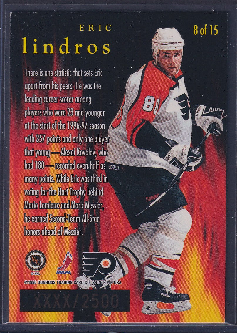 ERIC LINDROS - 1997 Donruss Leaf Fire on Ice #8, xxxx/2500