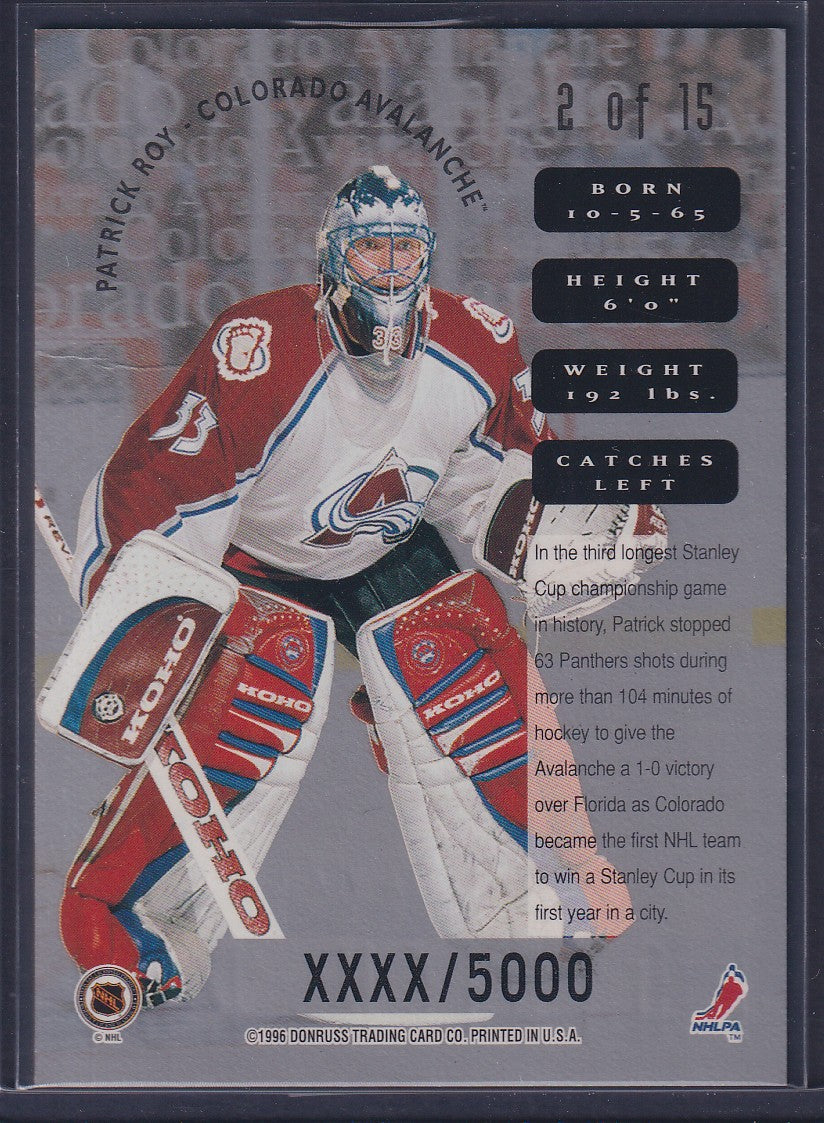 PATRICK ROY - 1996 Donruss Leaf Sweaters #2, xxxx/5000