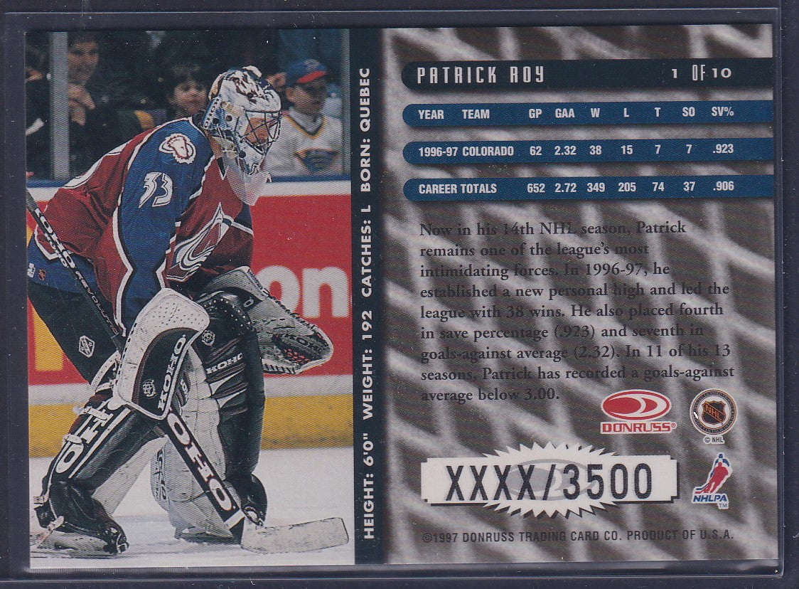 PATRICK ROY - 1997 Donruss Between the Pipes #1, xxxx/3500